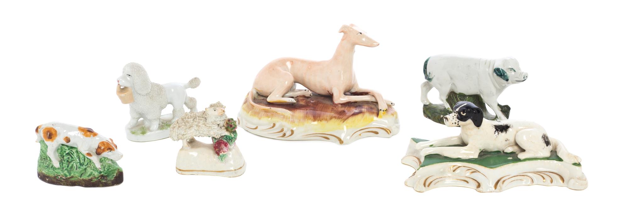 A Collection of Staffordshire Animals, Width of widest 4 3/4 inches.