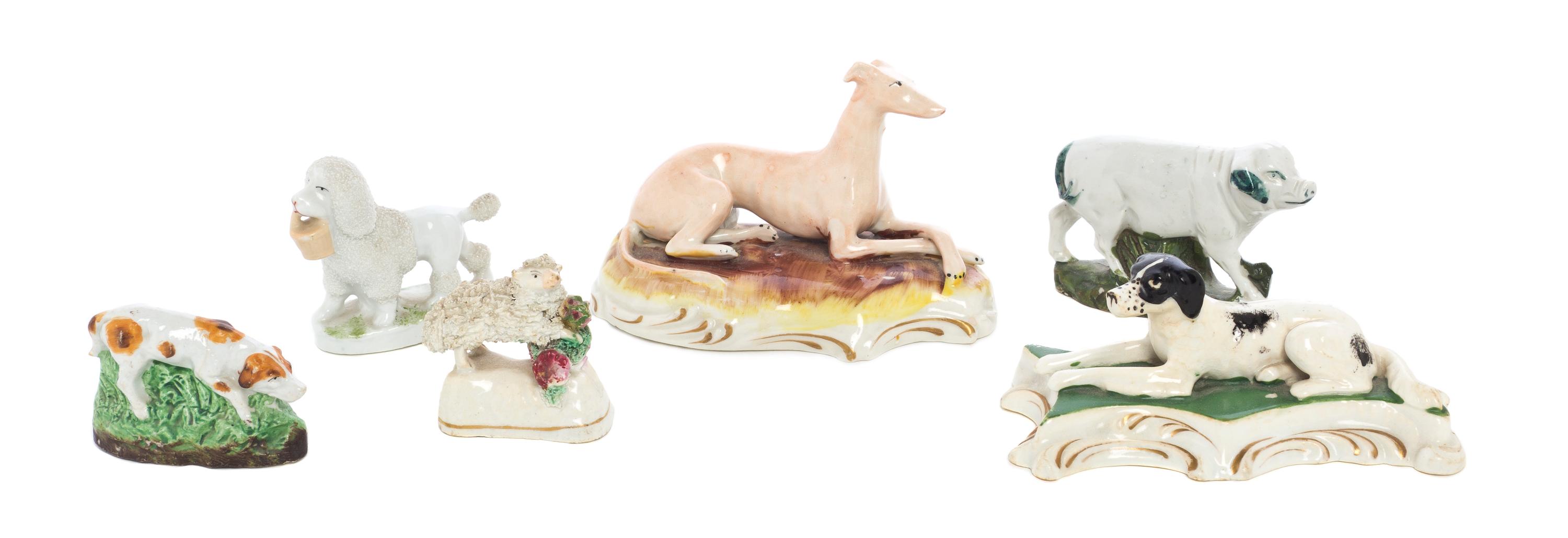 A Collection of Staffordshire Animals, Width of widest 4 3/4 inches.