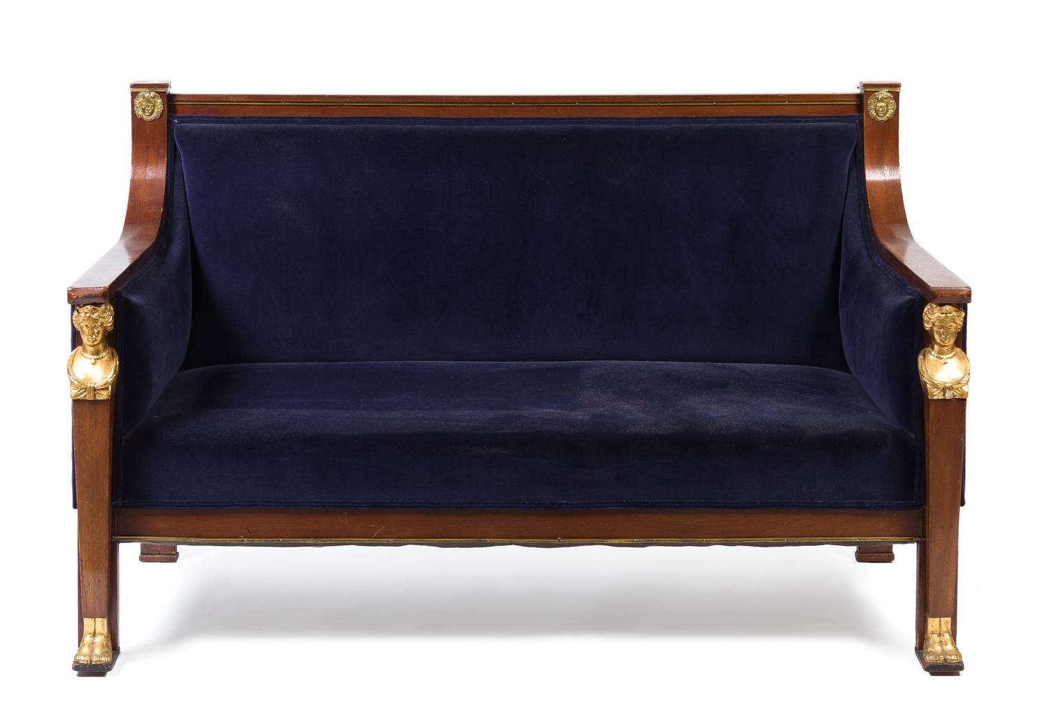 An Empire Style Gilt Metal Mounted Mahogany Settee Height 37 x width 58 1/4 x depth 28 inches. — EARLY 20TH CENTURY