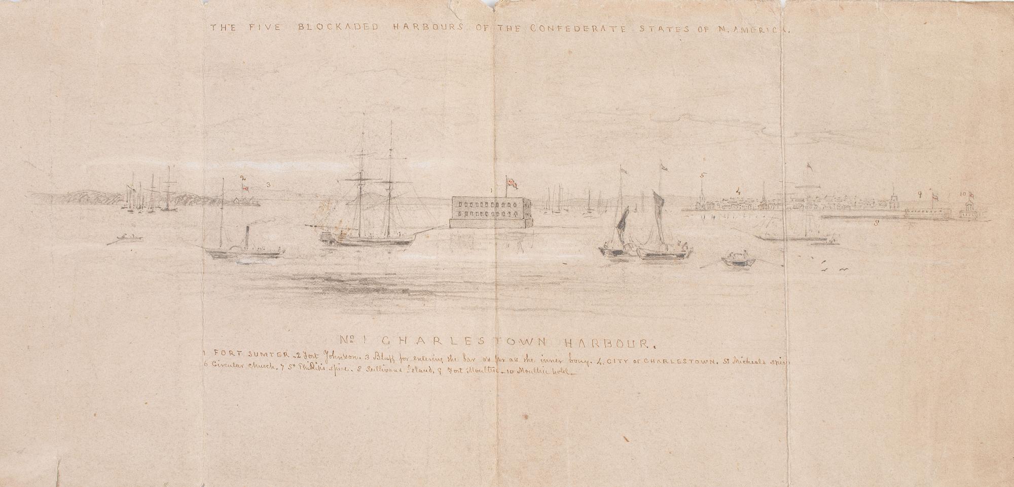 [Civil War] Hand-Drawn Sketch of Blockaded Charleston Harbor, with Inscribed Key.