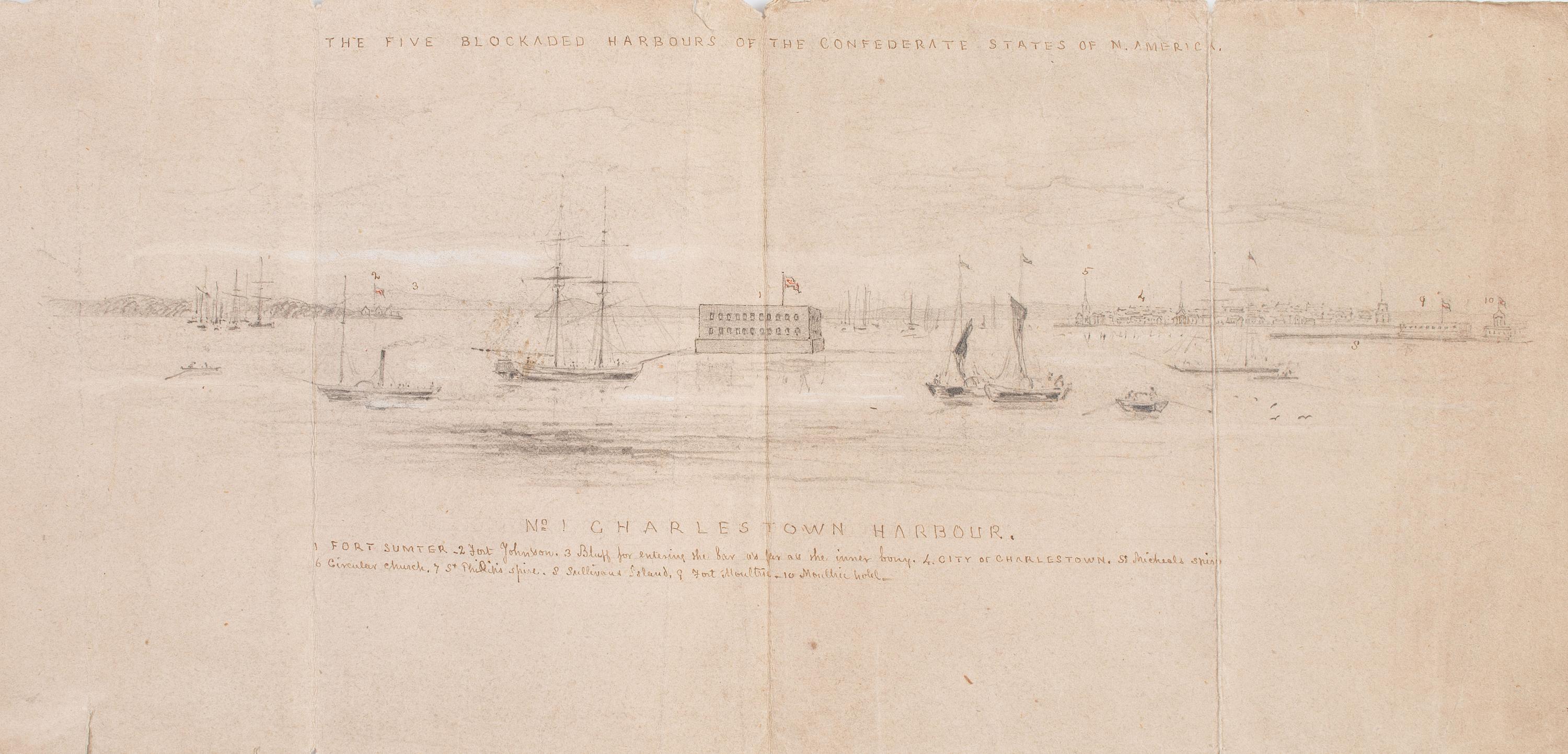 [Civil War] Hand-Drawn Sketch of Blockaded Charleston Harbor, with Inscribed Key.