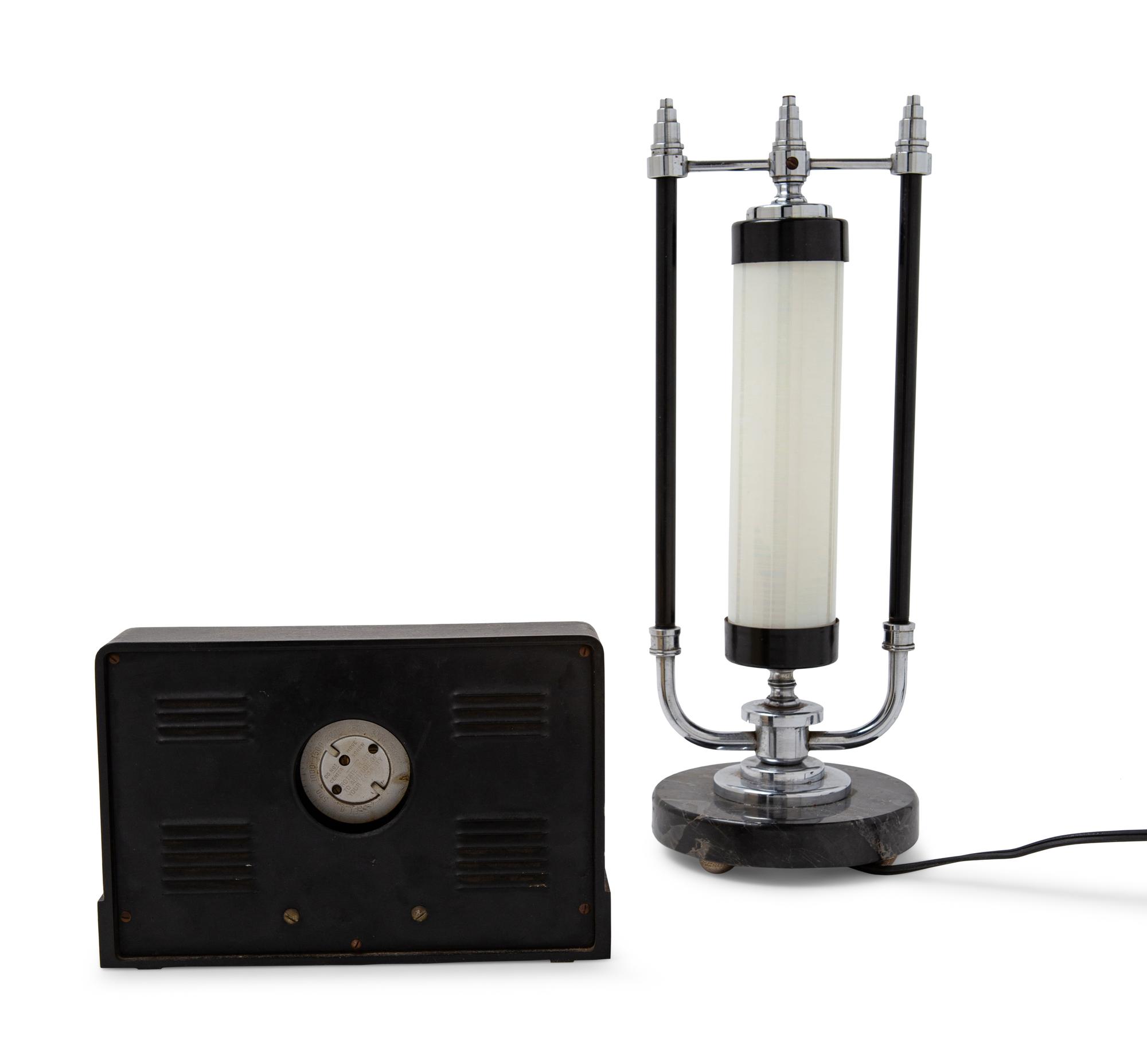 An Art Deco Table Lamp and Desk Barometer