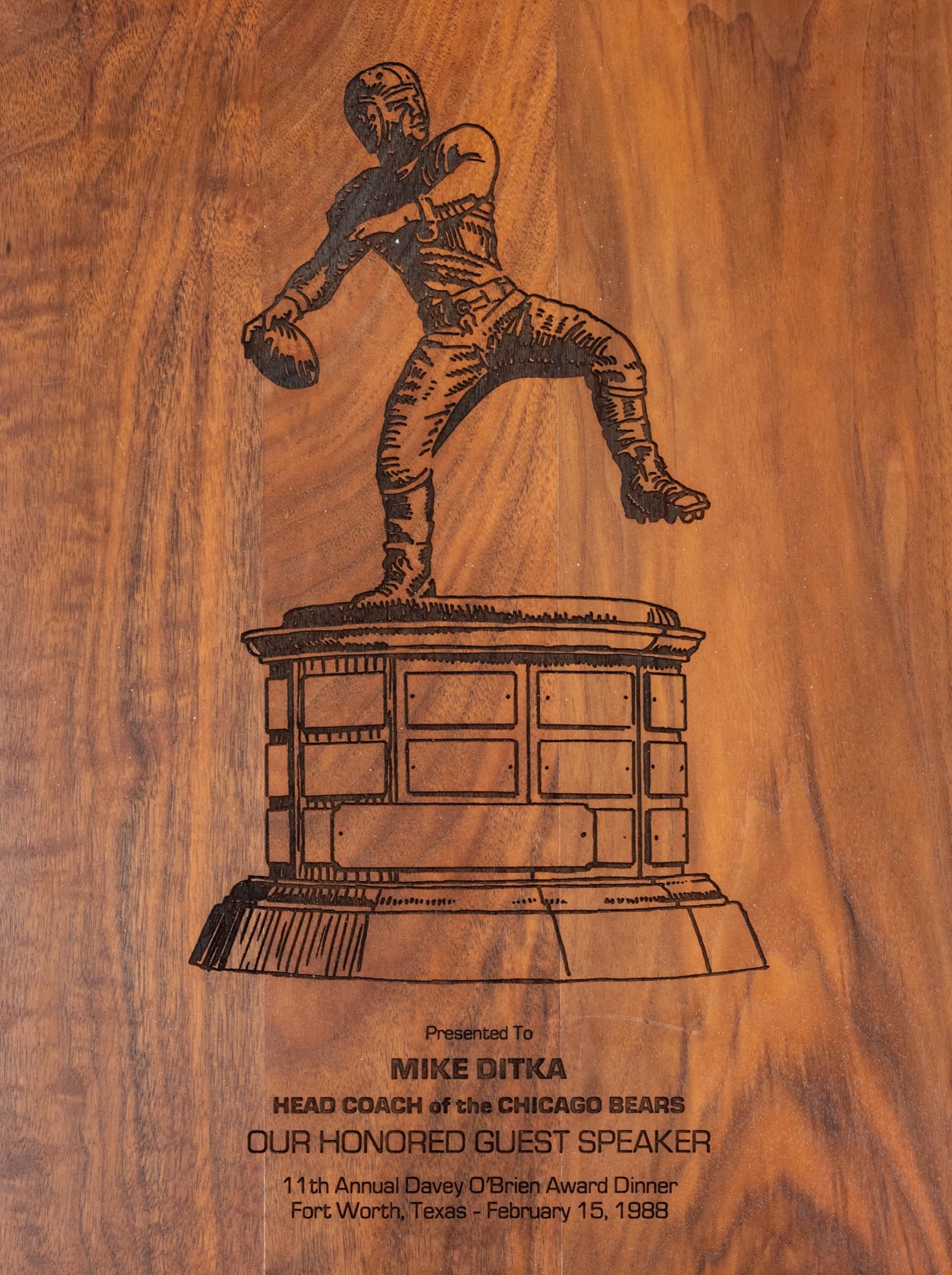 A 1988 Davey O'Brien Award Dinner Plaque Presented to Mike Ditka Formerly Displayed at Mike Ditka's Restaurant