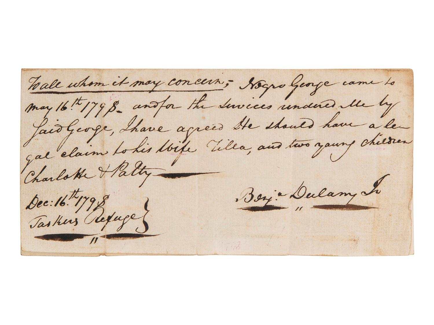 DULANY, Benj. Tasker (1752-1818). A freeman earns legal claim of his wife and children. [VA], 1798.