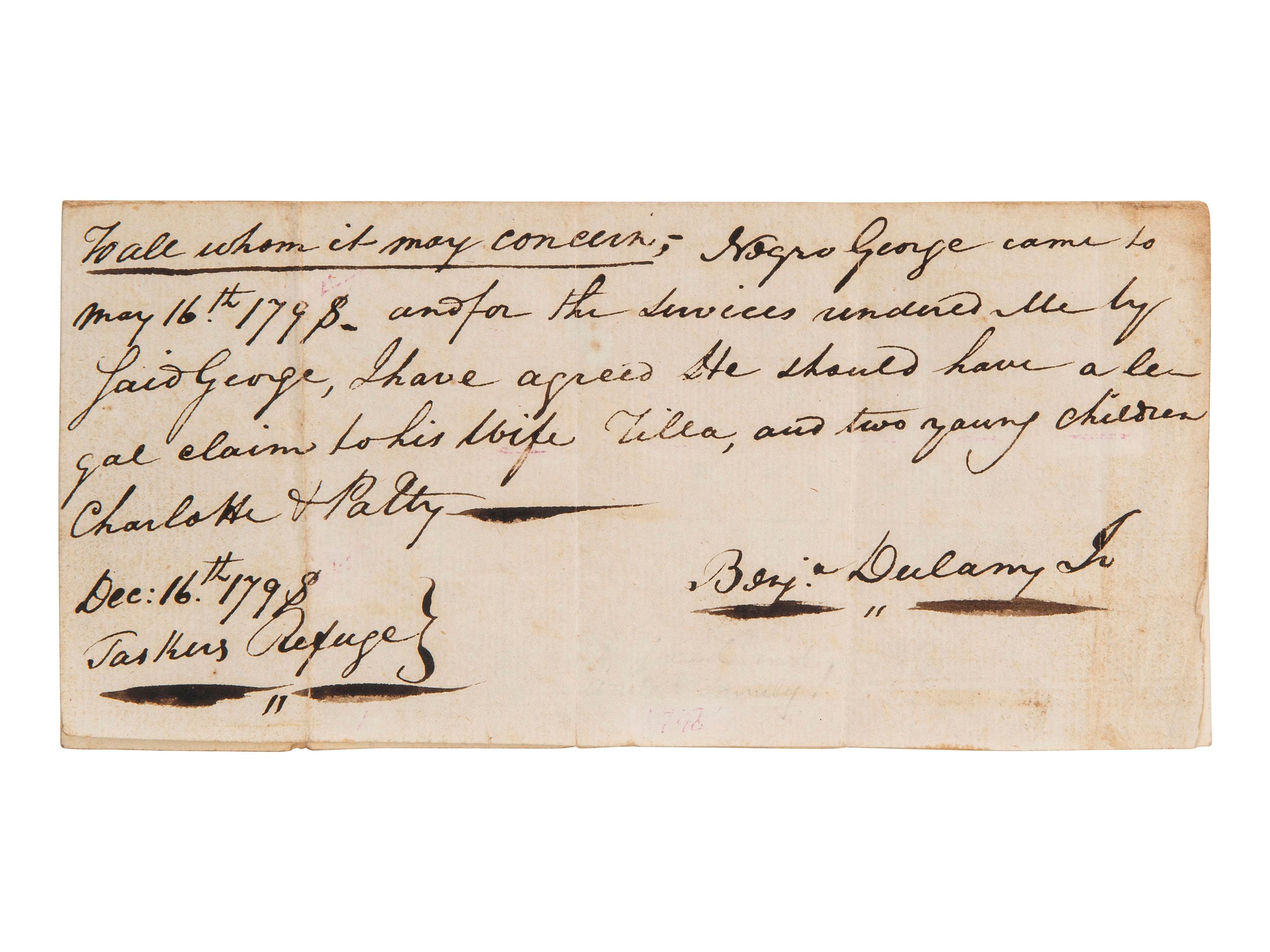 DULANY, Benj. Tasker (1752-1818). A freeman earns legal claim of his wife and children. [VA], 1798.