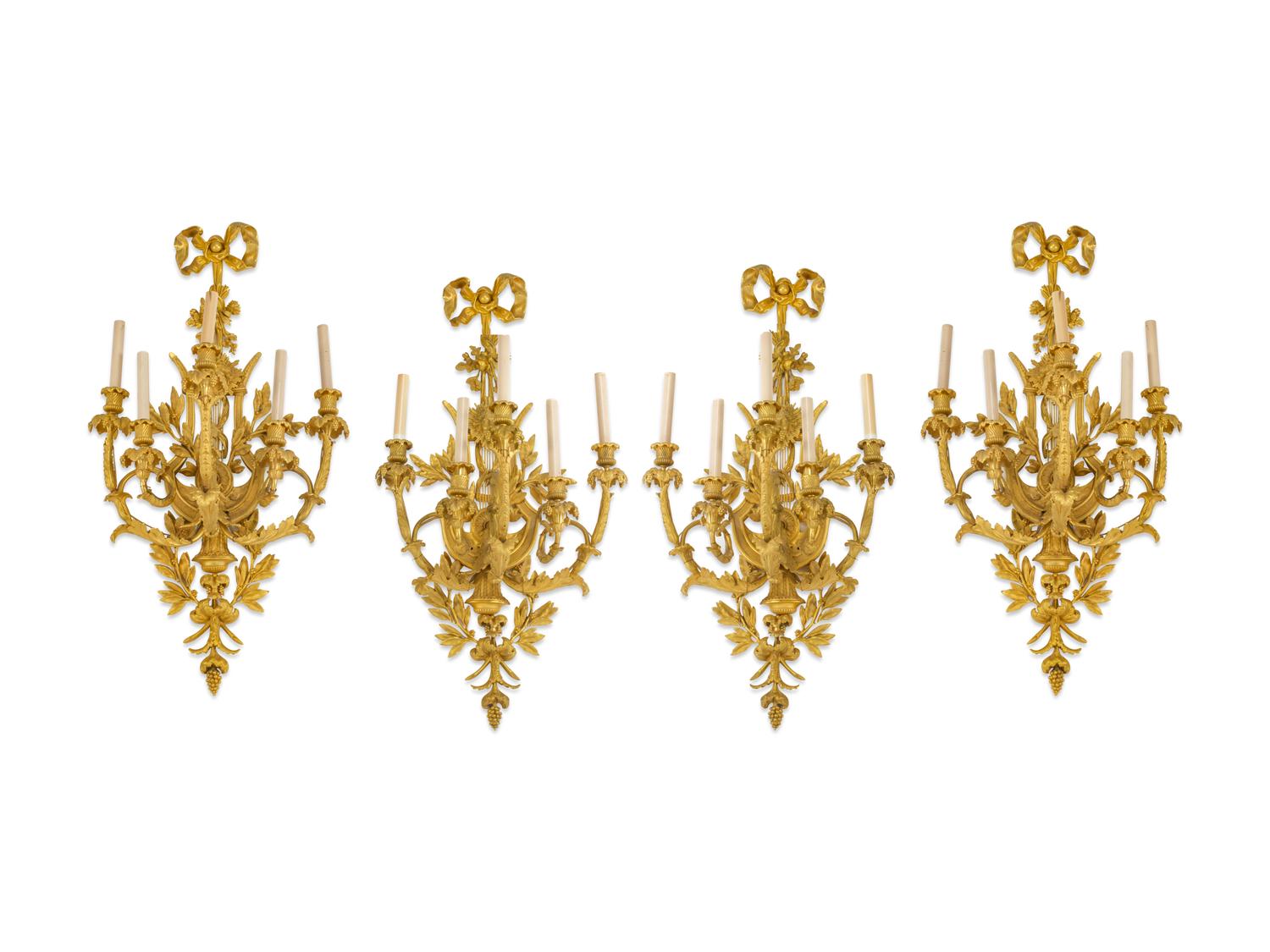 A Set of Four Louis XV Style Gilt-Bronze Five-Light Sconces — 19TH CENTURY
