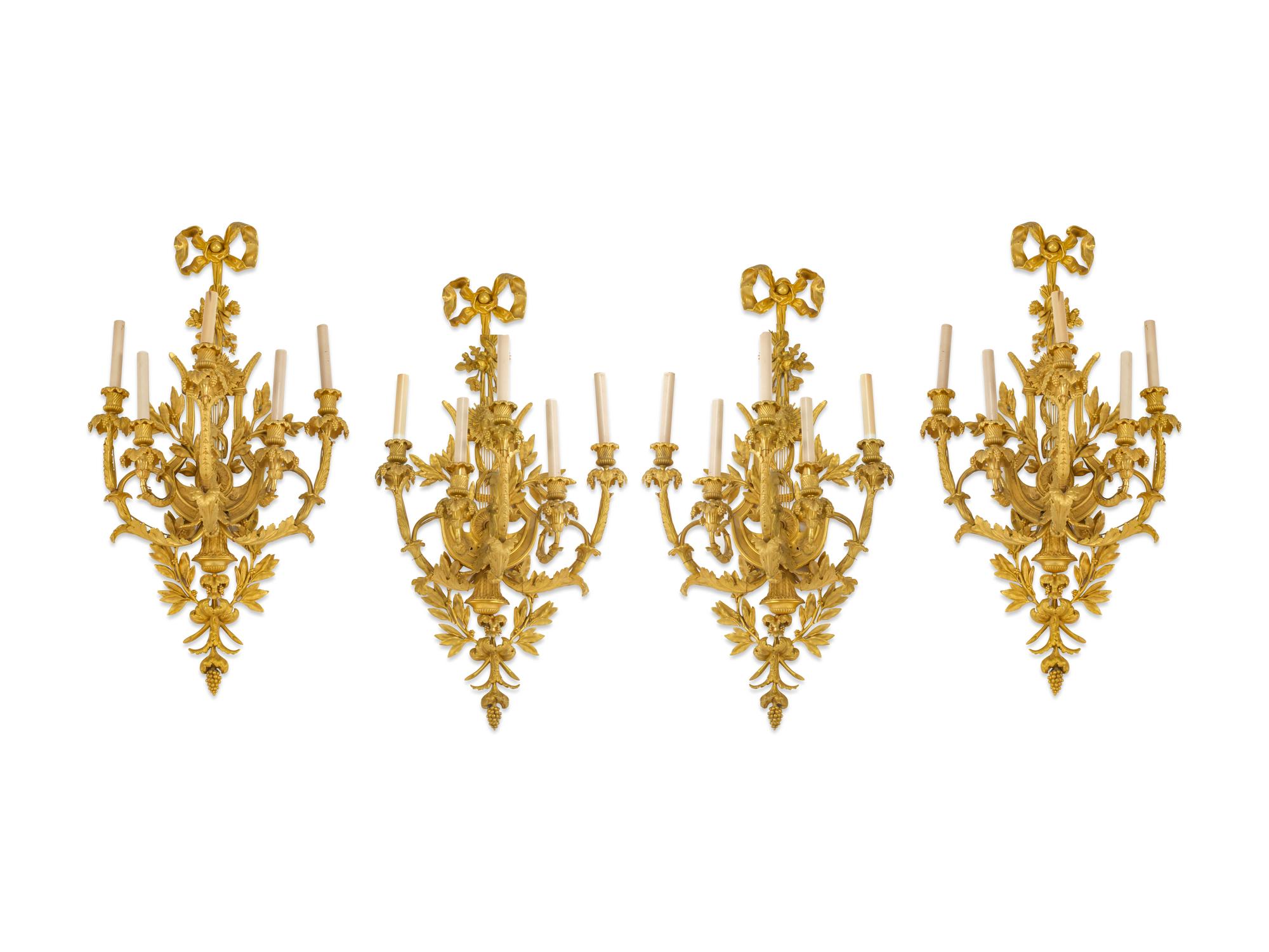 A Set of Four Louis XV Style Gilt-Bronze Five-Light Sconces — 19TH CENTURY