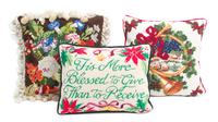 Three Needlepoint Pillows Largest 14 inches square. — 20TH CENTURY
