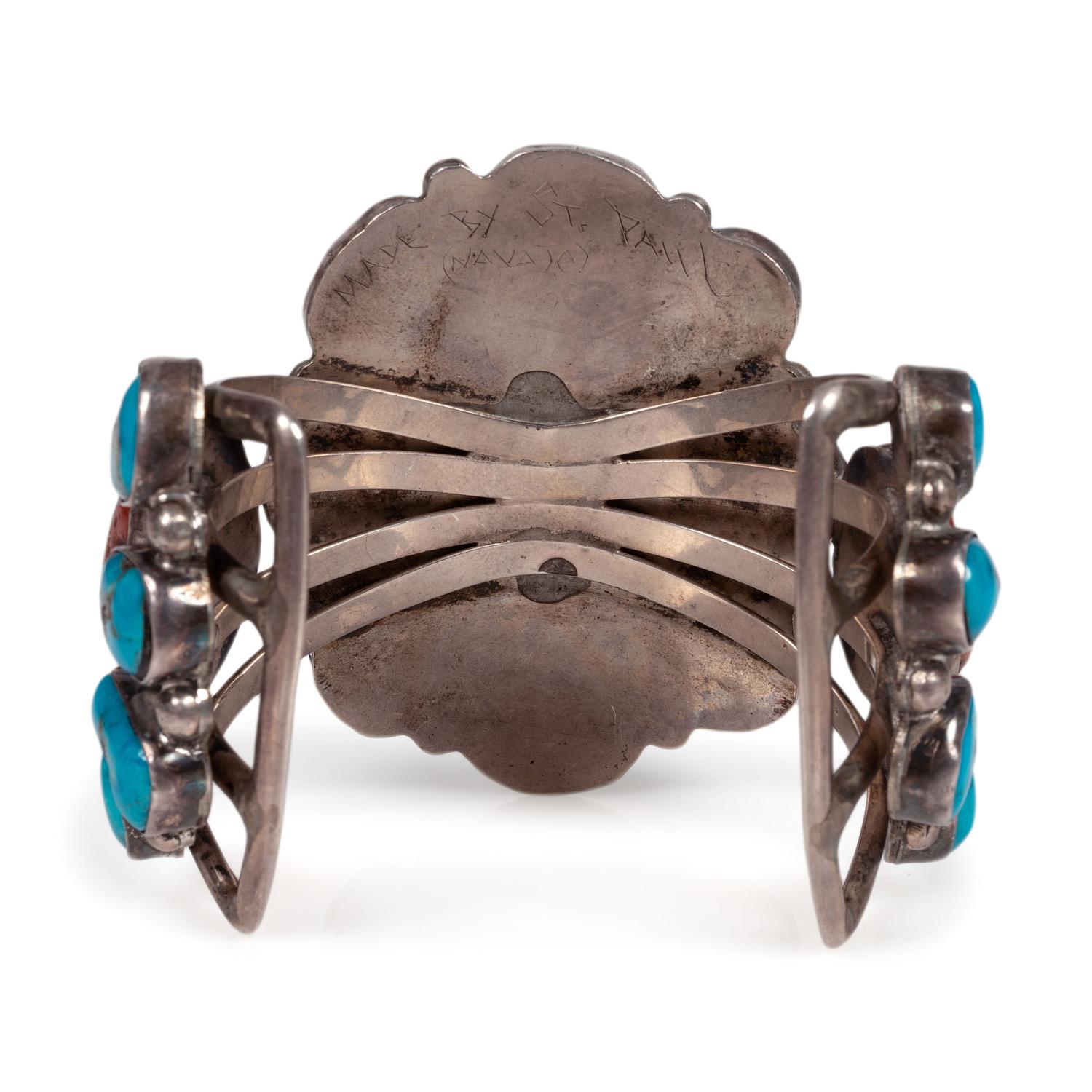 Navajo Silver Cuff Bracelet, with Turquoise and Coral Clusters