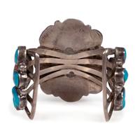 Navajo Silver Cuff Bracelet, with Turquoise and Coral Clusters
