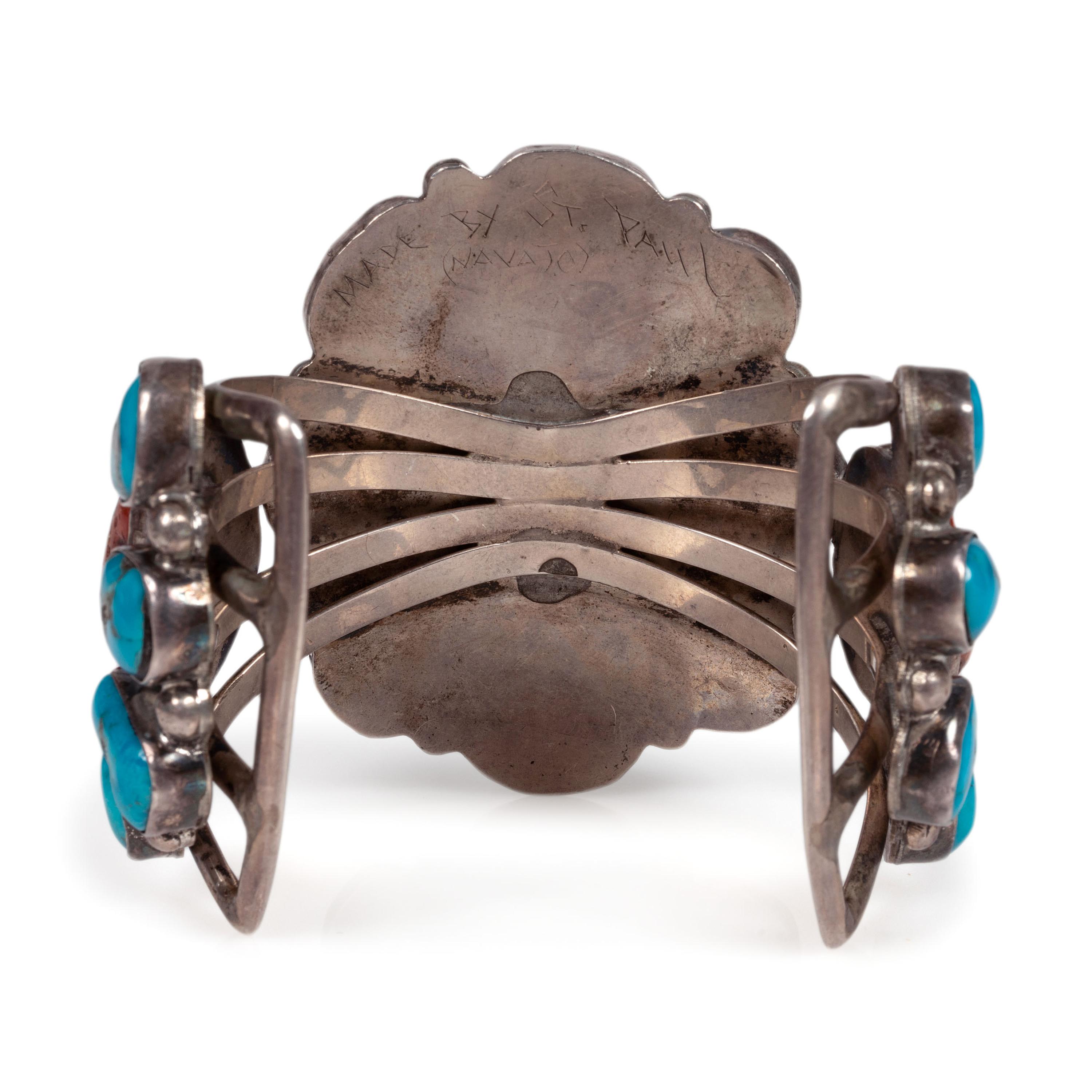 Navajo Silver Cuff Bracelet, with Turquoise and Coral Clusters