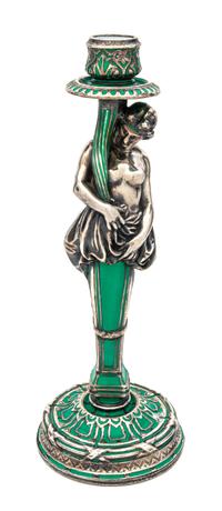 An Art Nouveau Silver Overlay Figural Candlestick Height 13 1/4 inches.