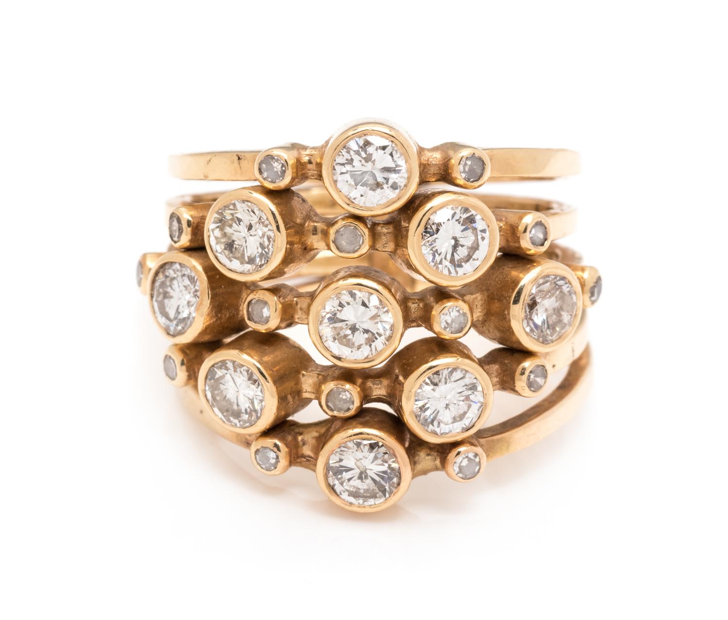 A Yellow Gold and Diamond Five Row Ring,