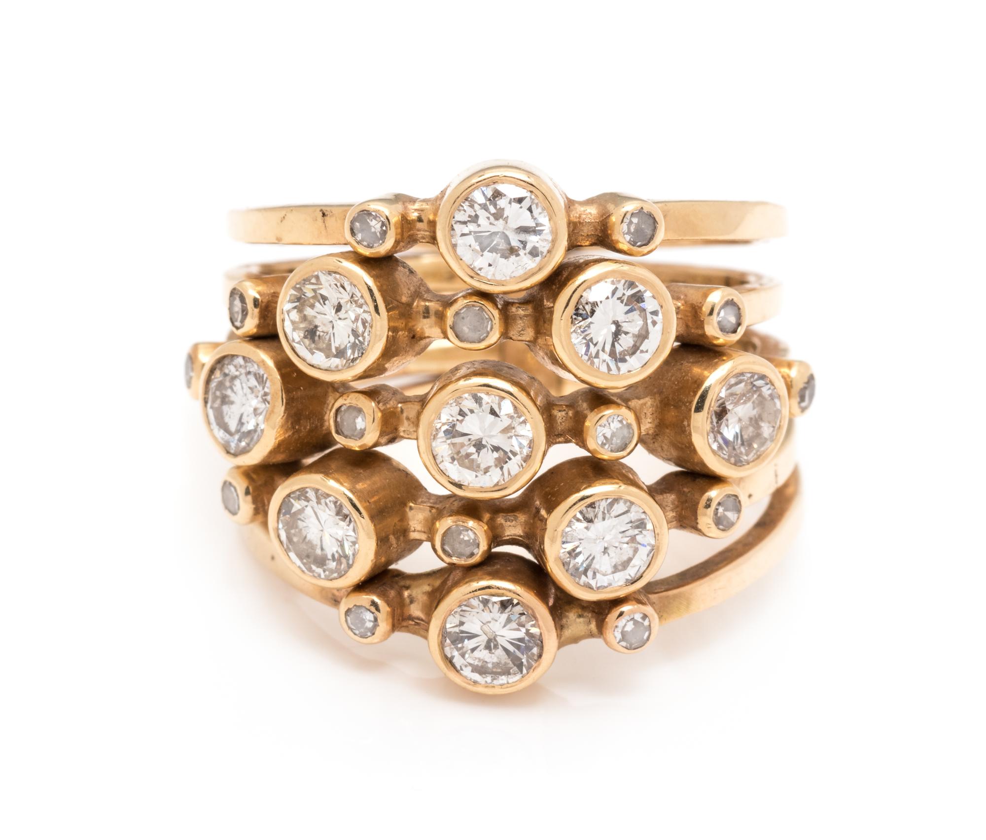 A Yellow Gold and Diamond Five Row Ring,