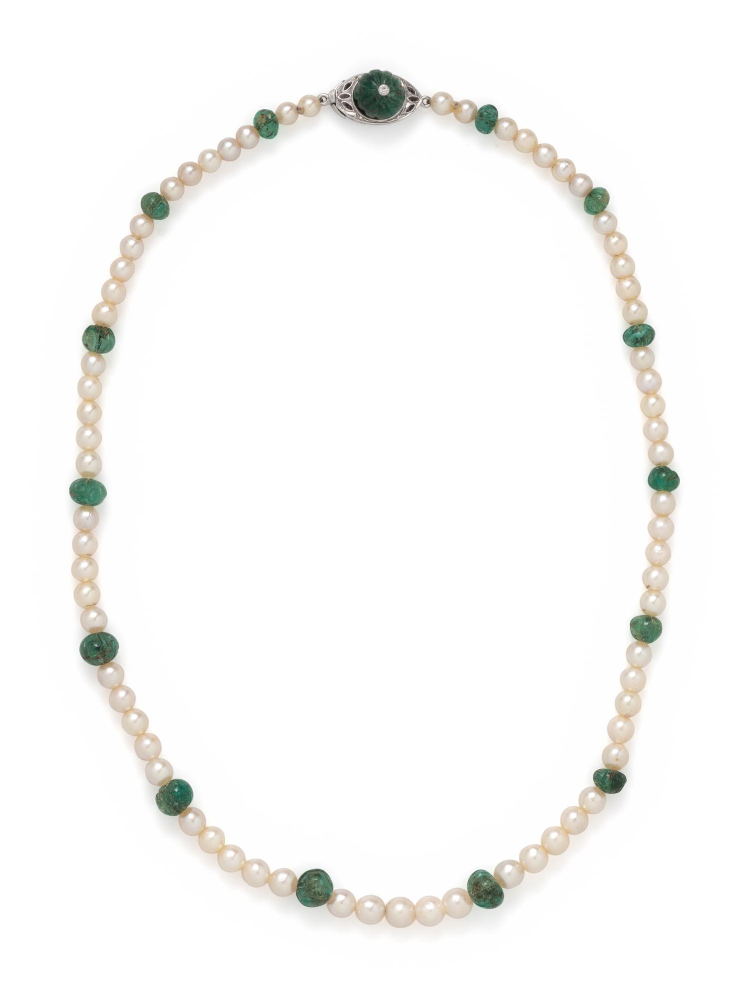 CULTURED PEARL AND EMERALD NECKLACE