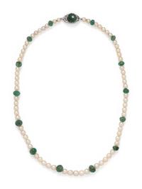 CULTURED PEARL AND EMERALD NECKLACE