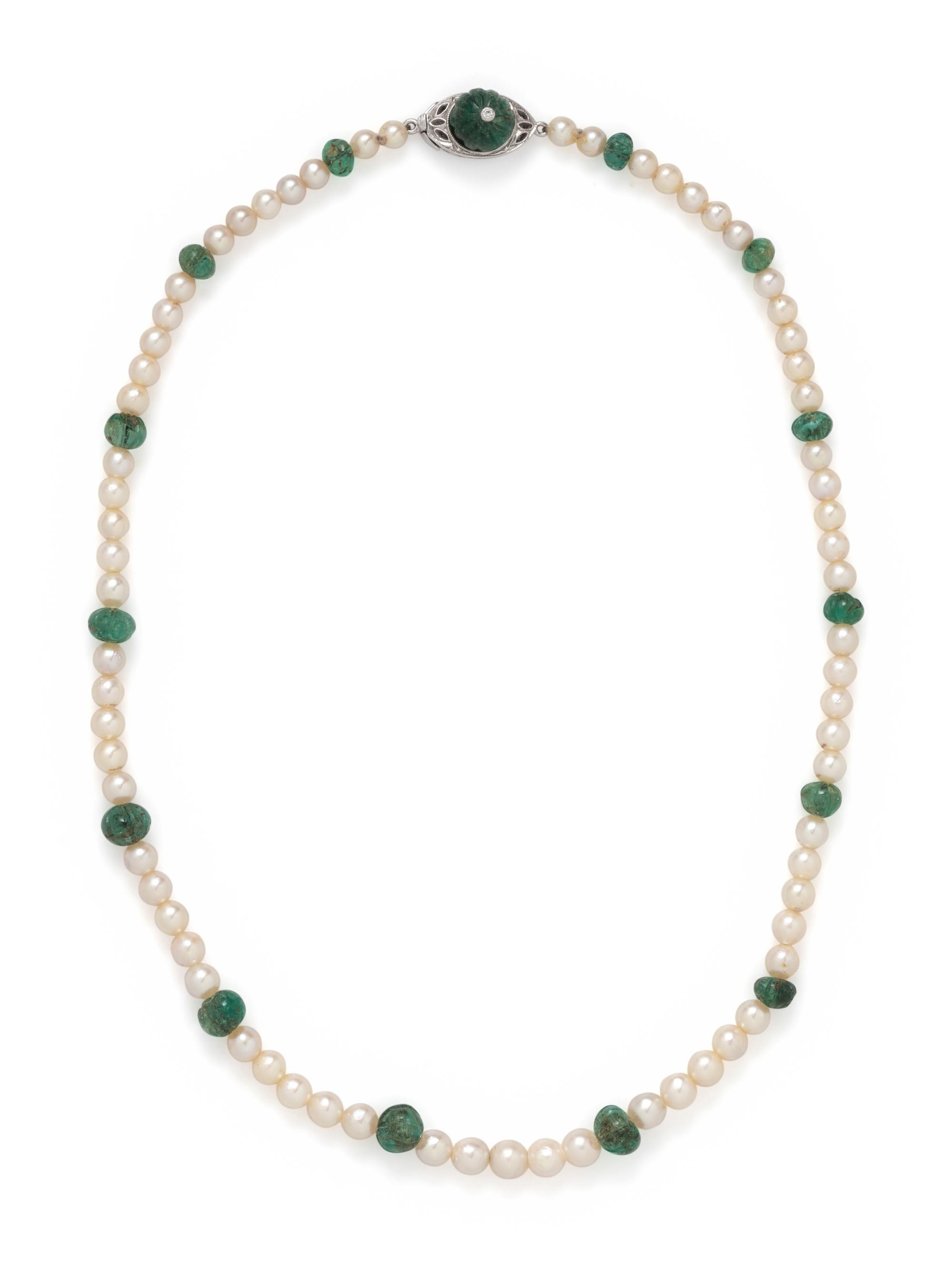 CULTURED PEARL AND EMERALD NECKLACE