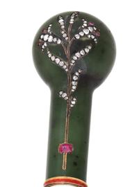 A Continental Diamond and Ruby-Inset Nephrite Handled Walking Stick
