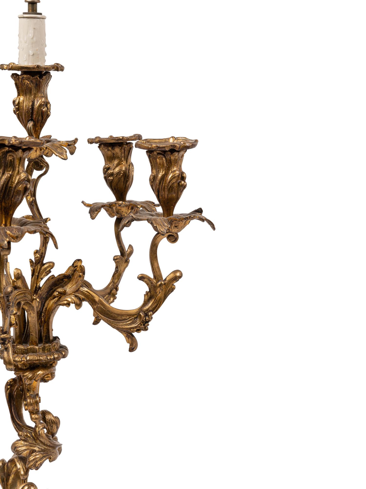 A Pair of Louis XV Style Gilt Bronze Six-Light Candelabra Mounted as Lamps