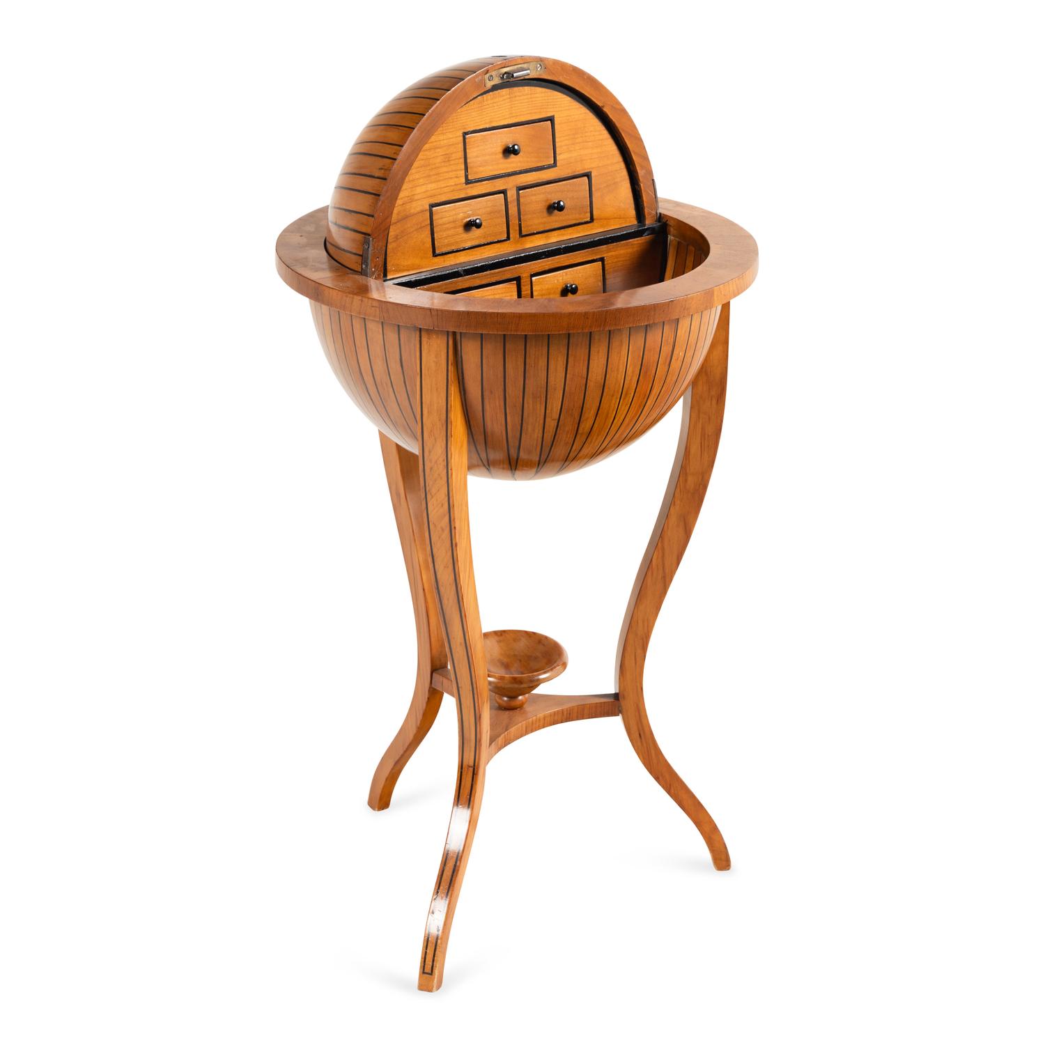 A Biedermeier Part-Ebonized Fruitwood Globe-Form Work Box