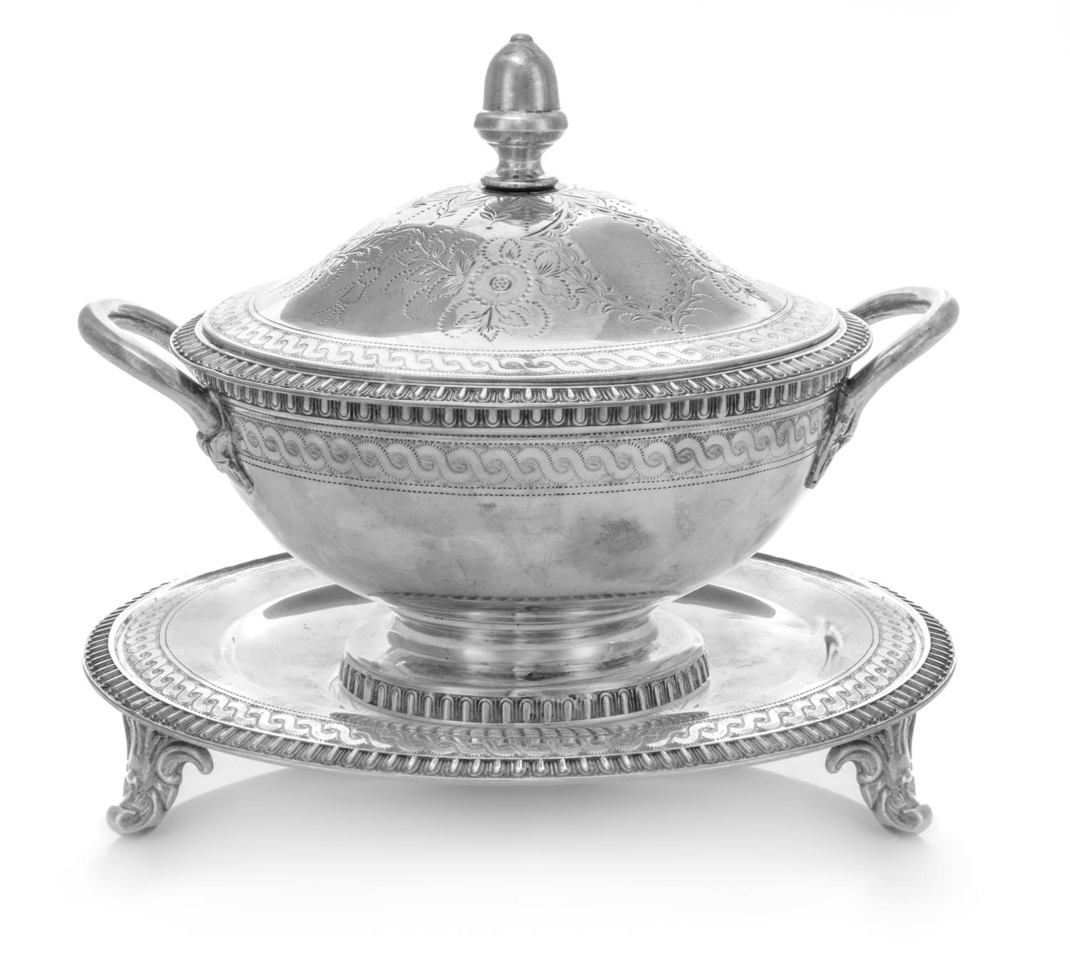 An American Silver Sauce Tureen and Underplate, Gale & Willis, New York, NY, Circa 1860, the tureen lid decorated with stippled floral