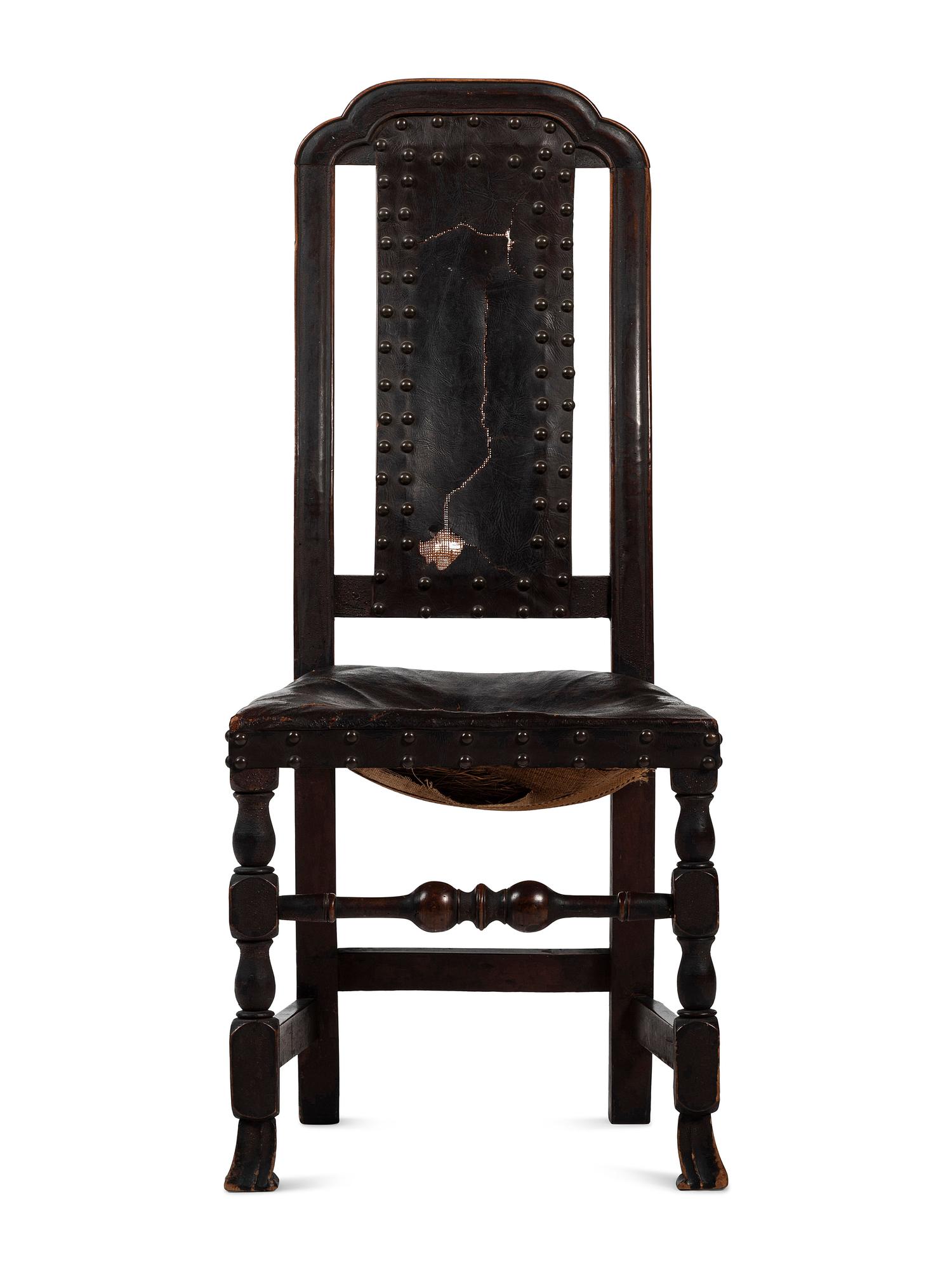 A William and Mary Leather Upholstered Spanish-Foot Side Chair