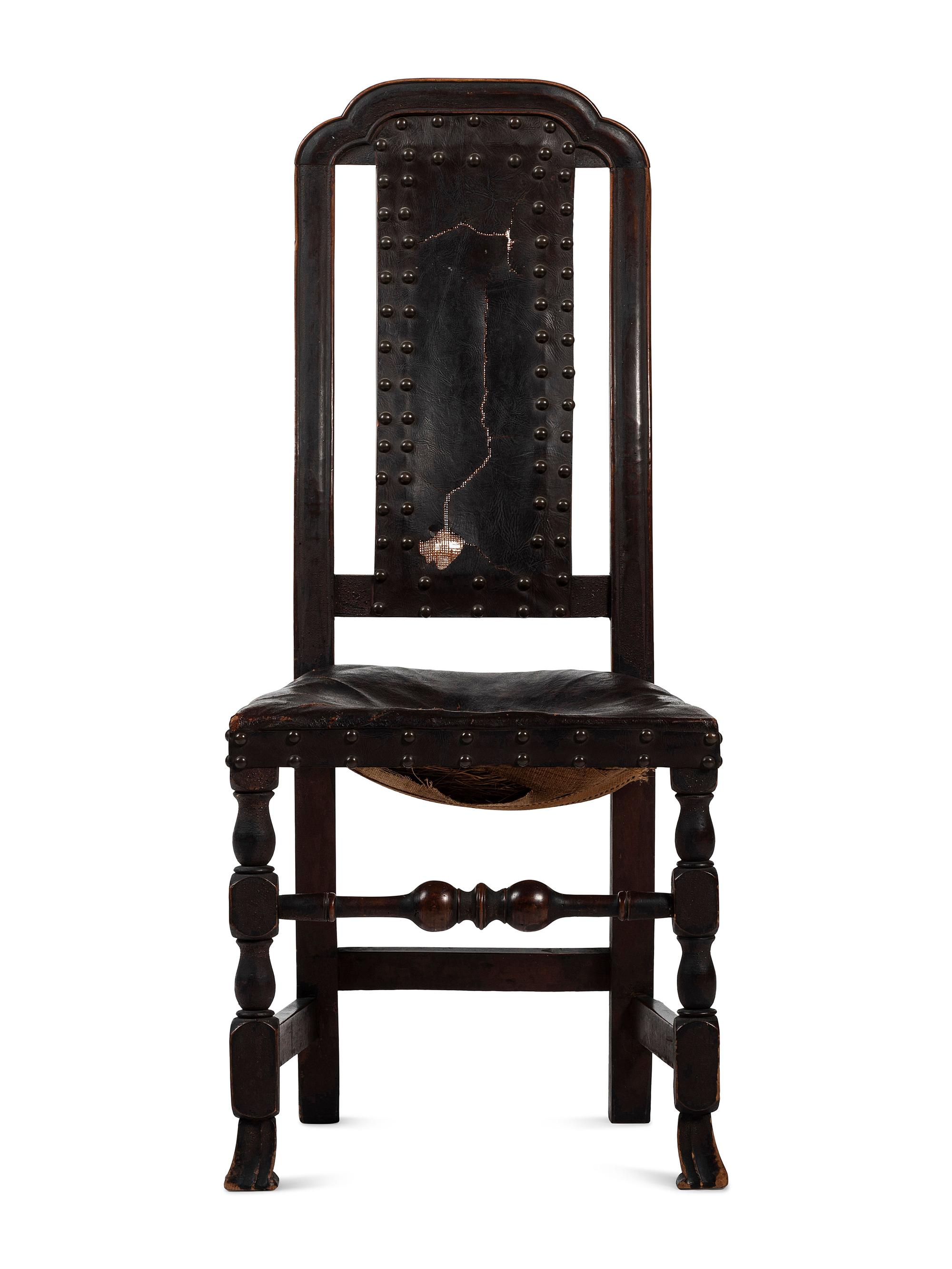 A William and Mary Leather Upholstered Spanish-Foot Side Chair