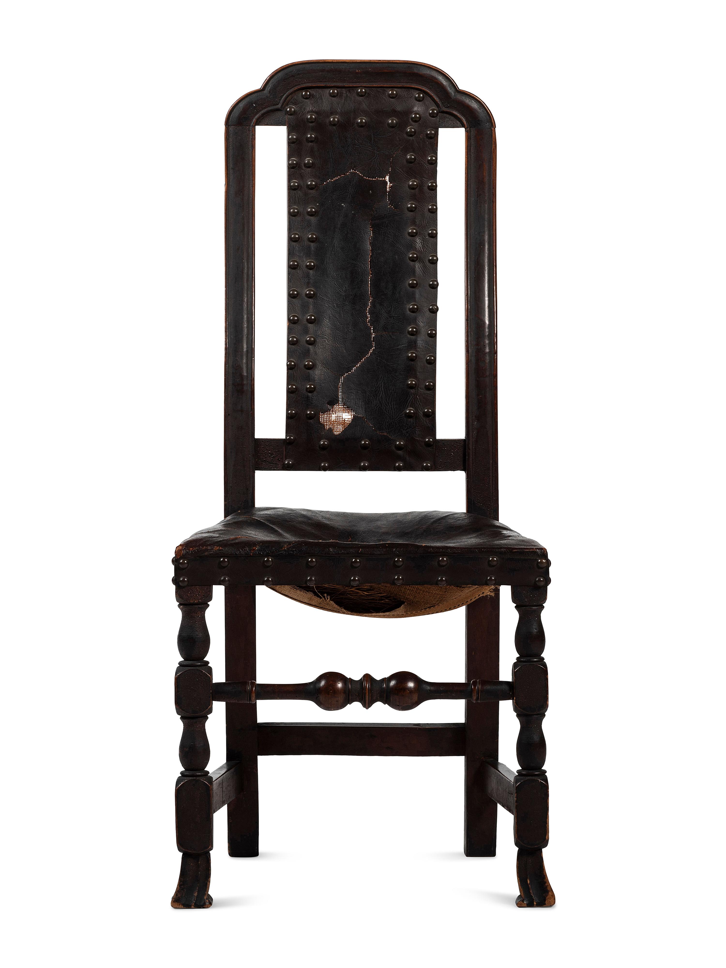 A William and Mary Leather Upholstered Spanish-Foot Side Chair