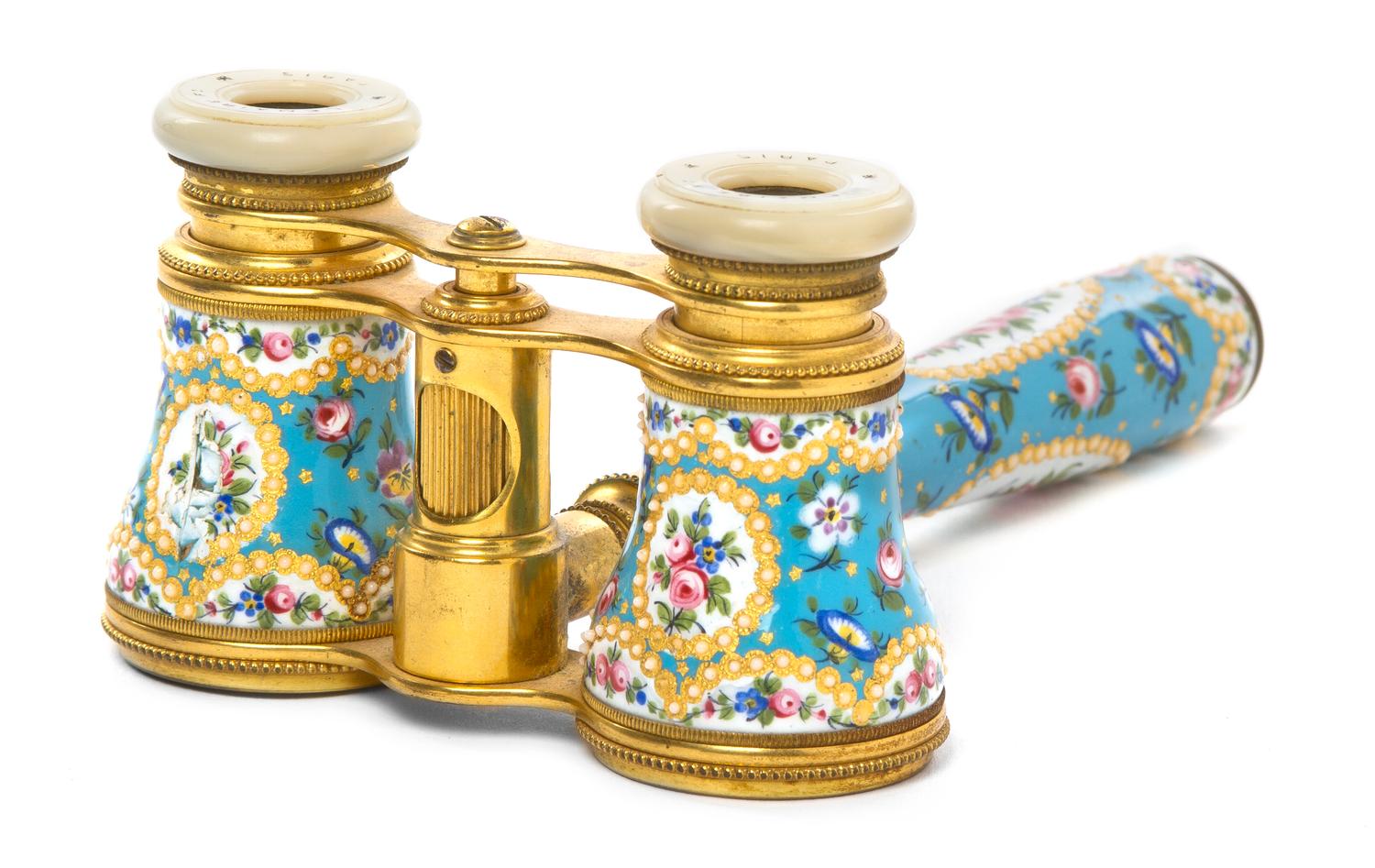 A Pair of French Enameled Opera Glasses, Lemaire, Width 3 7/8 inches.