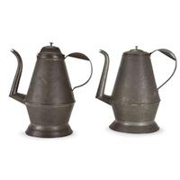 Two punch-decorated tin coffeepots One marked "M. Uebele" on handle, Pennsylvania, 19th century