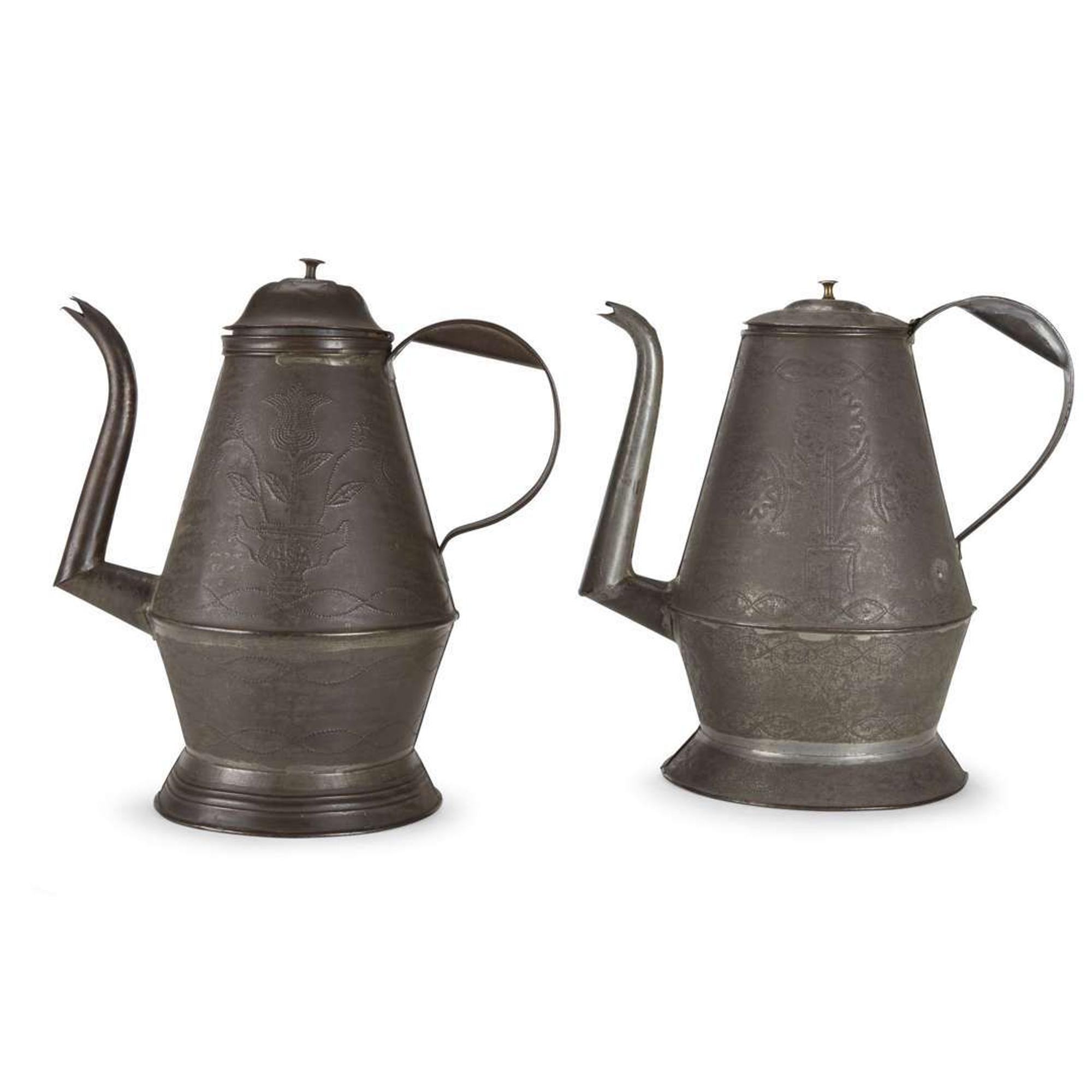 Two punch-decorated tin coffeepots One marked "M. Uebele" on handle, Pennsylvania, 19th century