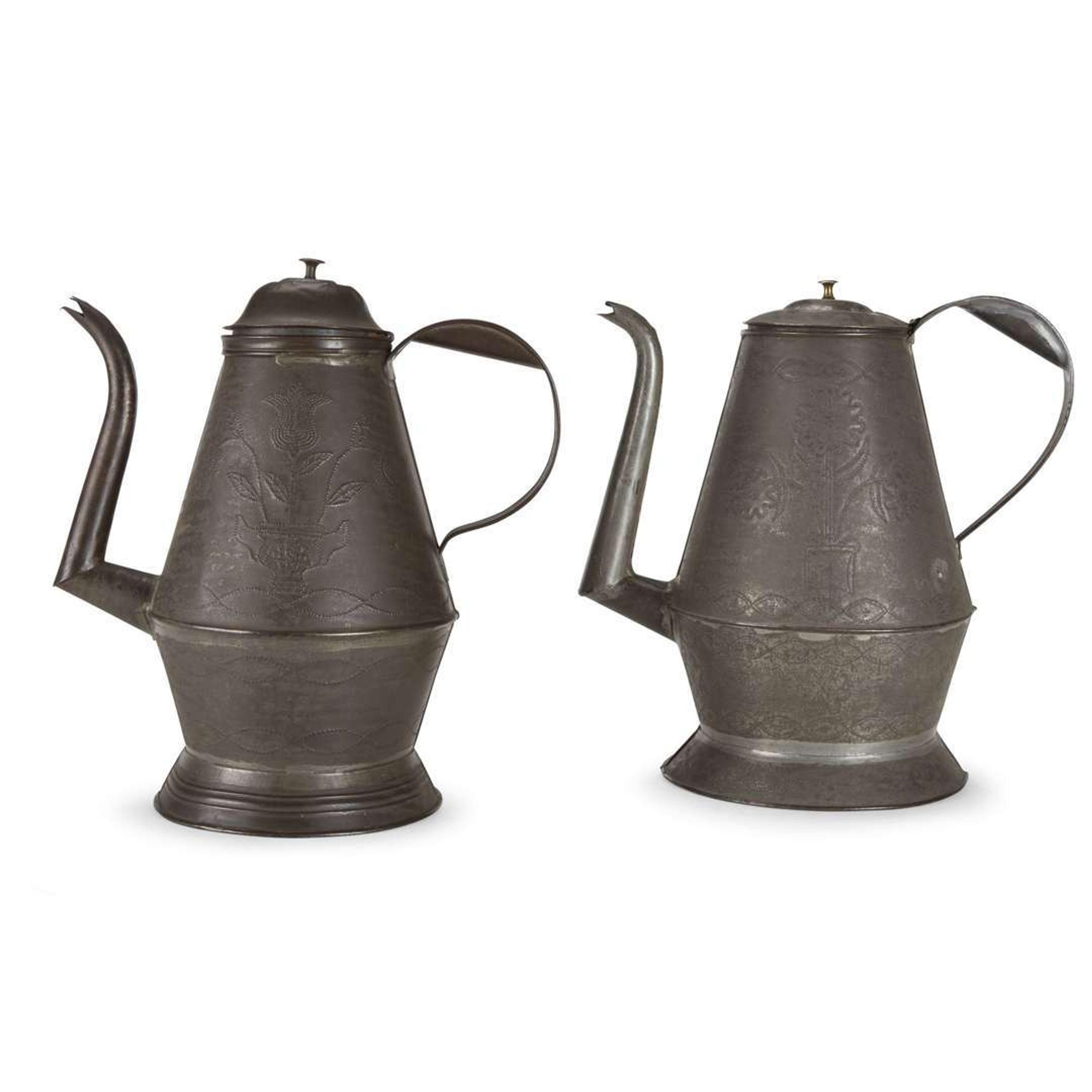 Two punch-decorated tin coffeepots One marked "M. Uebele" on handle, Pennsylvania, 19th century