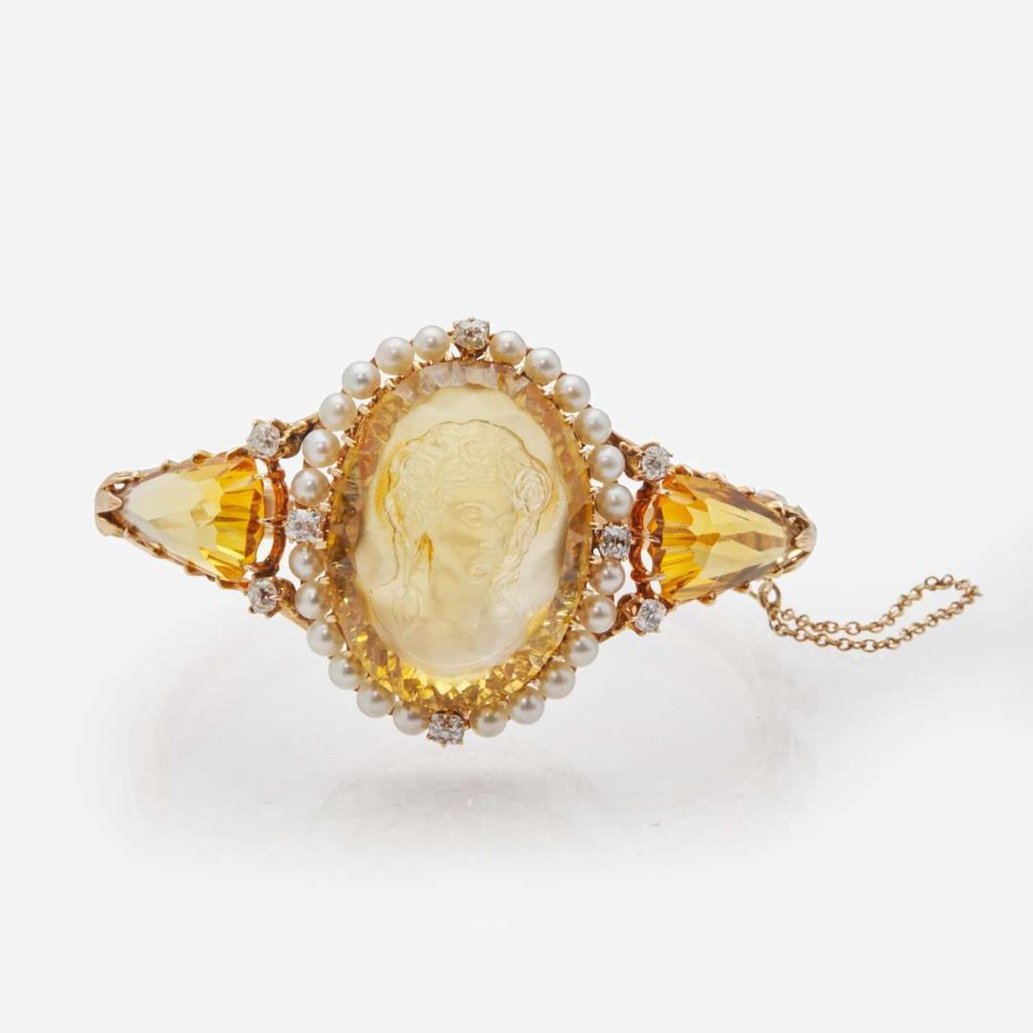A Yellow Gold, Citrine, Diamond, and Seed Pearl Bracelet