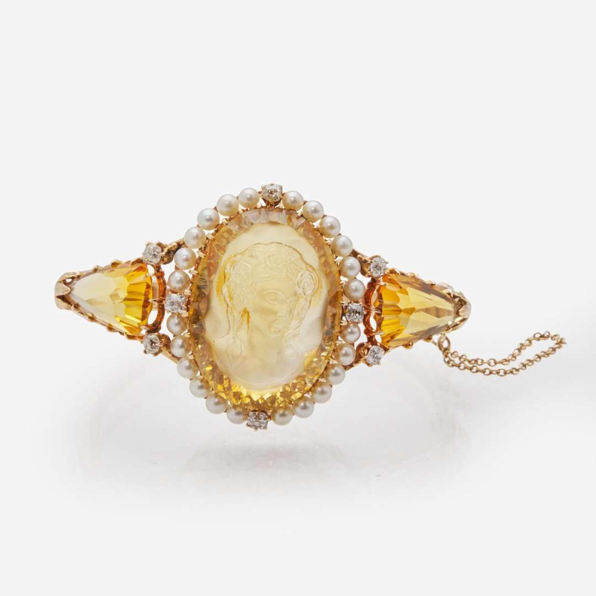 A Yellow Gold, Citrine, Diamond, and Seed Pearl Bracelet
