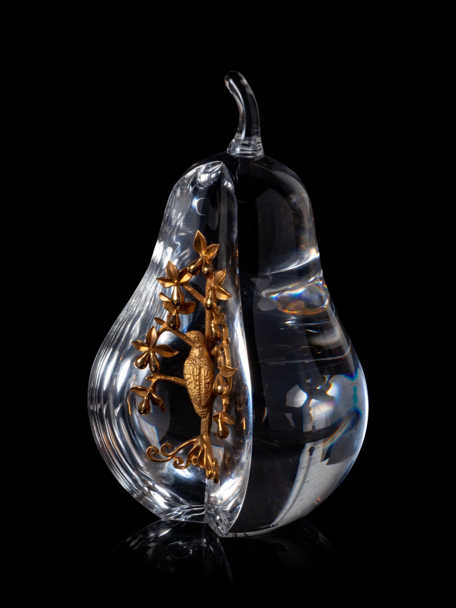 A Steuben Partridge in a Pear Tree Glass Sculpture