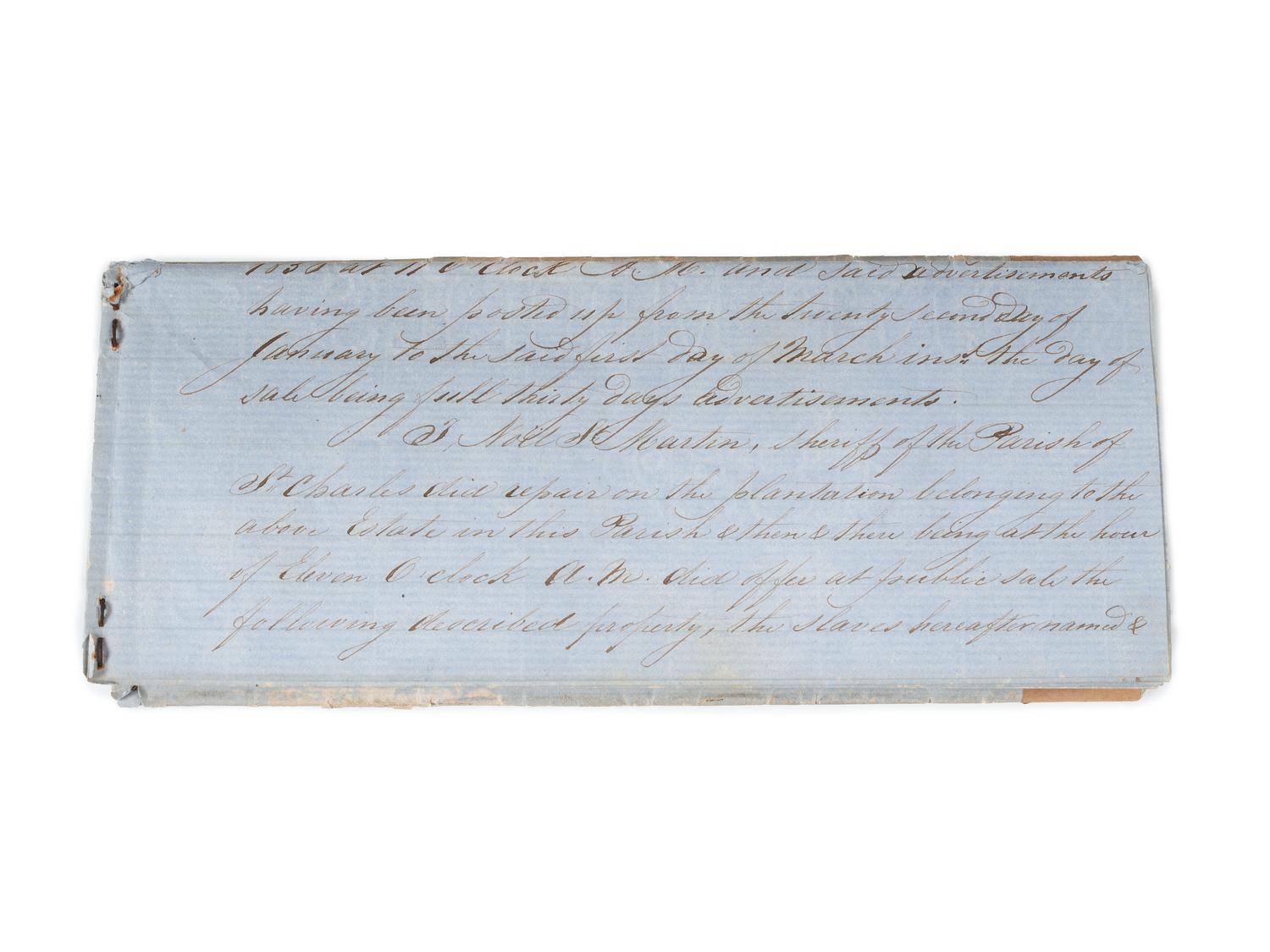 [SLAVERY & ABOLITION]. Manuscript "Process Verbal of Sale" of the late George Rixner, incl. list of 45 enslaved African Americans. St. Charles Parish, LA,1 March 1856.