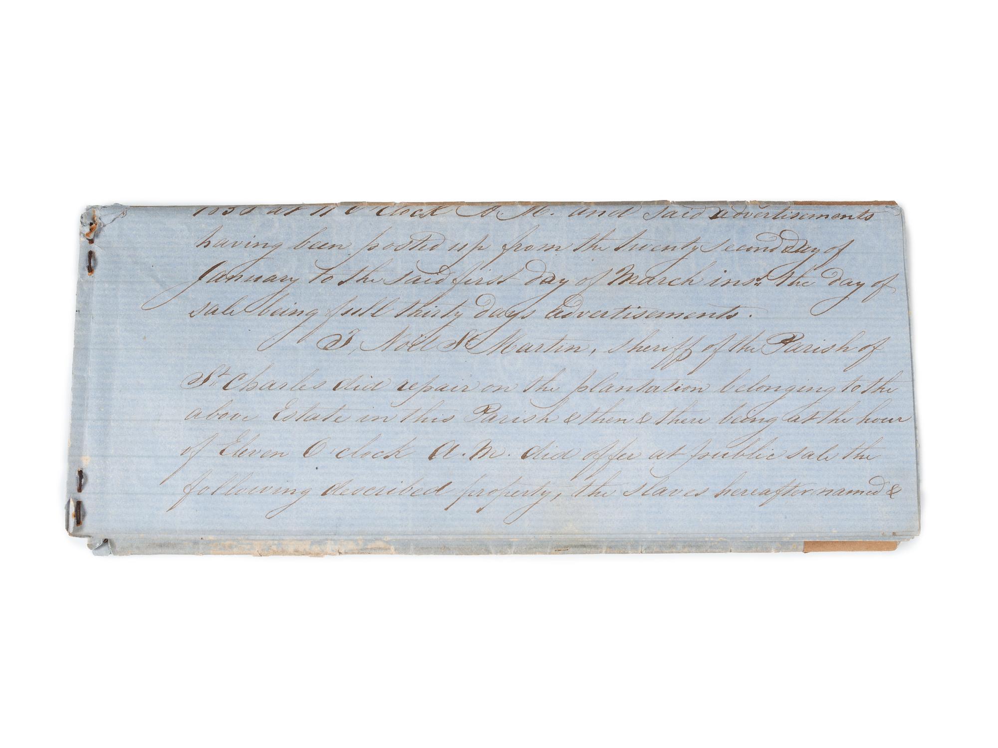 [SLAVERY & ABOLITION]. Manuscript "Process Verbal of Sale" of the late George Rixner, incl. list of 45 enslaved African Americans. St. Charles Parish, LA,1 March 1856.