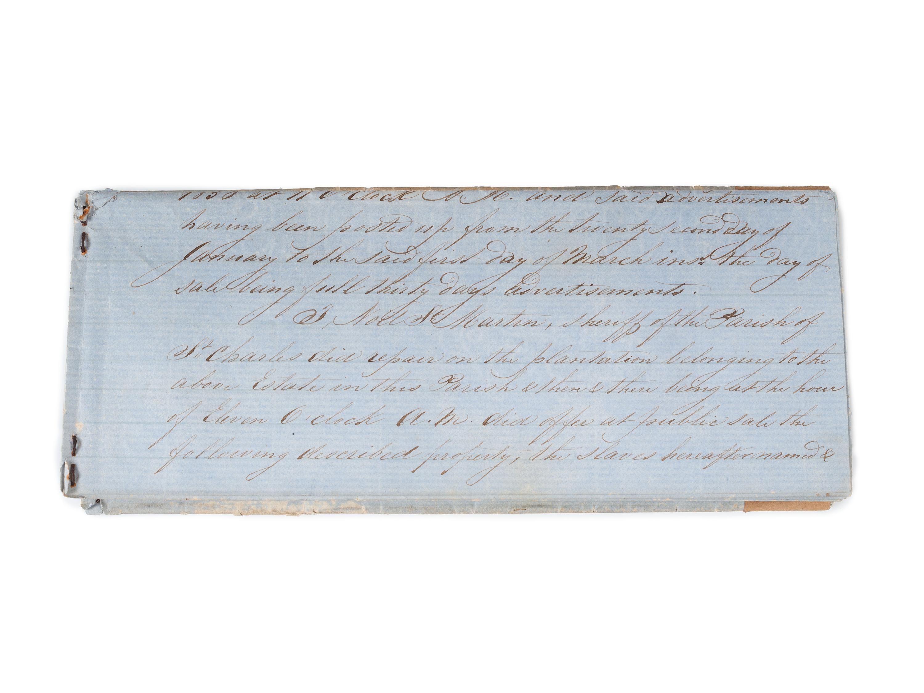 [SLAVERY & ABOLITION]. Manuscript "Process Verbal of Sale" of the late George Rixner, incl. list of 45 enslaved African Americans. St. Charles Parish, LA,1 March 1856.