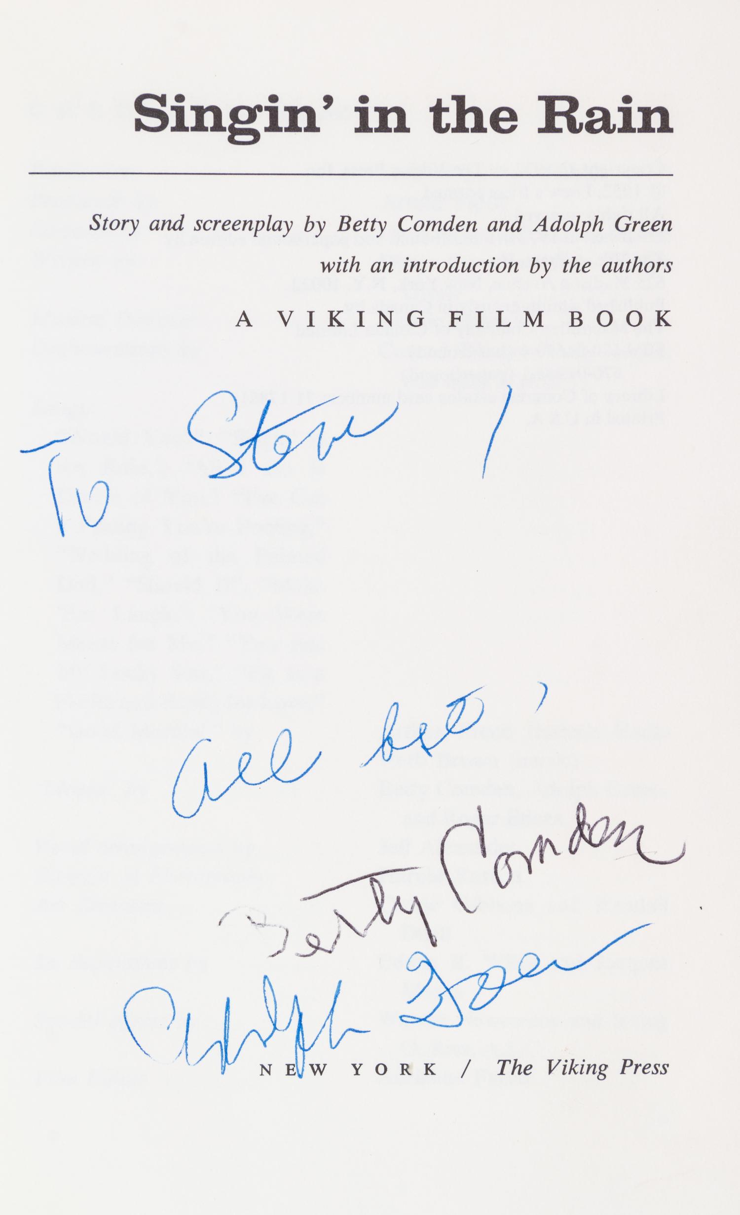 (COMDEN, BETTY AND ADOLPH GREEN) Singing in the Rain. New York, (1972). Inscribed by Comden and Green.