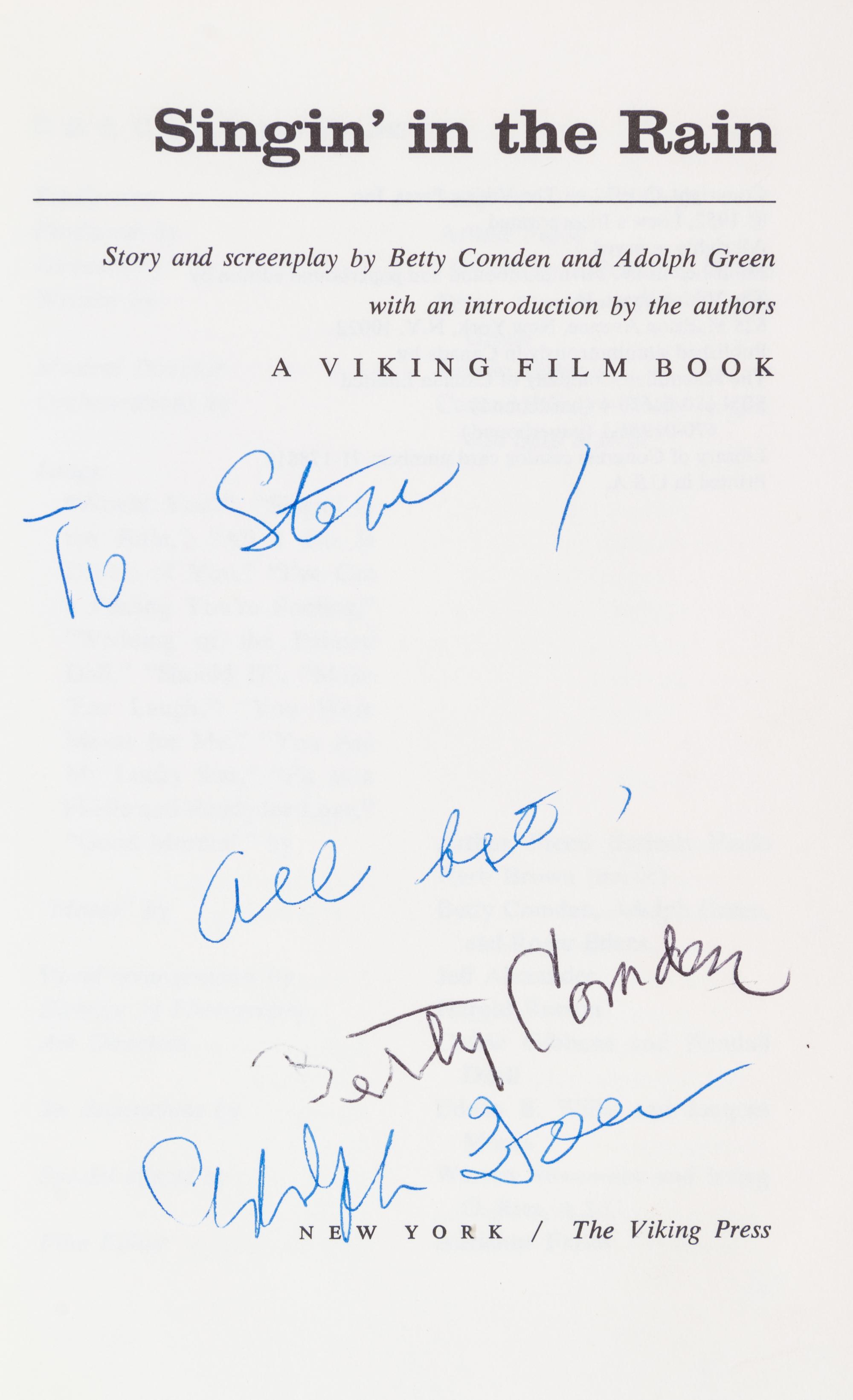 (COMDEN, BETTY AND ADOLPH GREEN) Singing in the Rain. New York, (1972). Inscribed by Comden and Green.