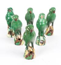Six Chinese Glazed Pottery Figures of Green Parrots Height 8 1/2 inches.
