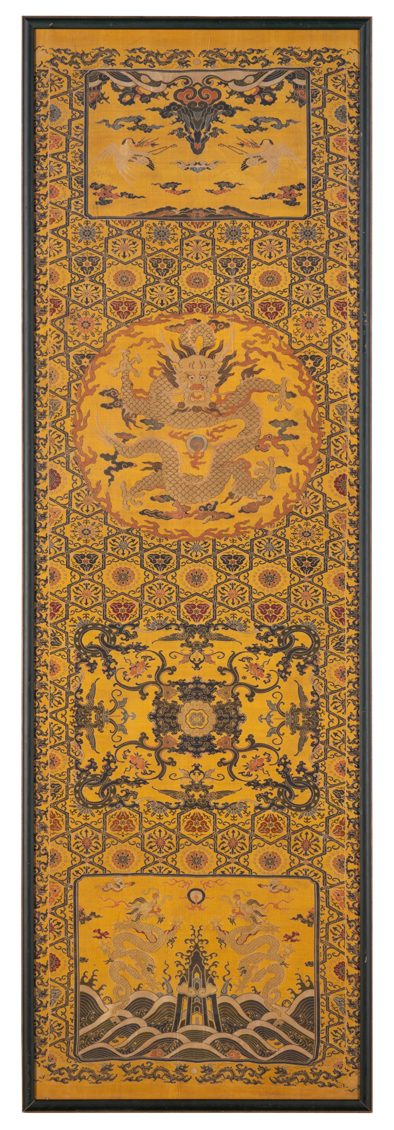 A Pair of Chinese Yellow Ground Brocade Woven 'Dragon' Silk Chair Covers