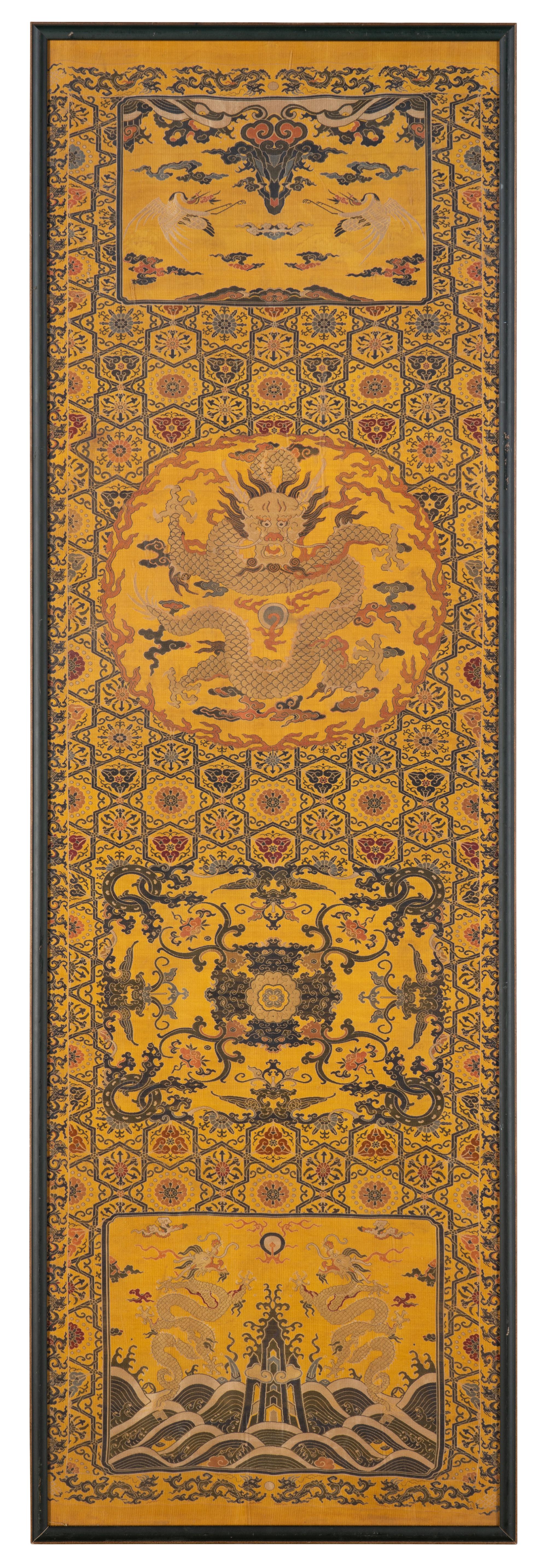 A Pair of Chinese Yellow Ground Brocade Woven 'Dragon' Silk Chair Covers
