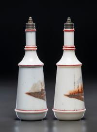 A Pair of Hand Painted Personalized Milk Glass Barber's Bottles