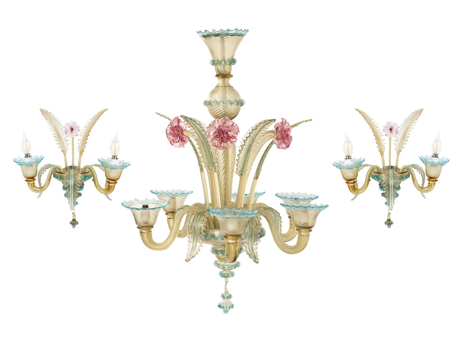 A Murano Colored Glass Chandelier and Matching Sconces