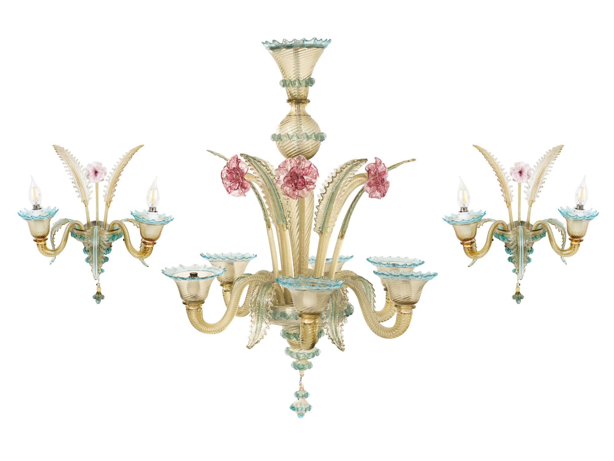 A Murano Colored Glass Chandelier and Matching Sconces