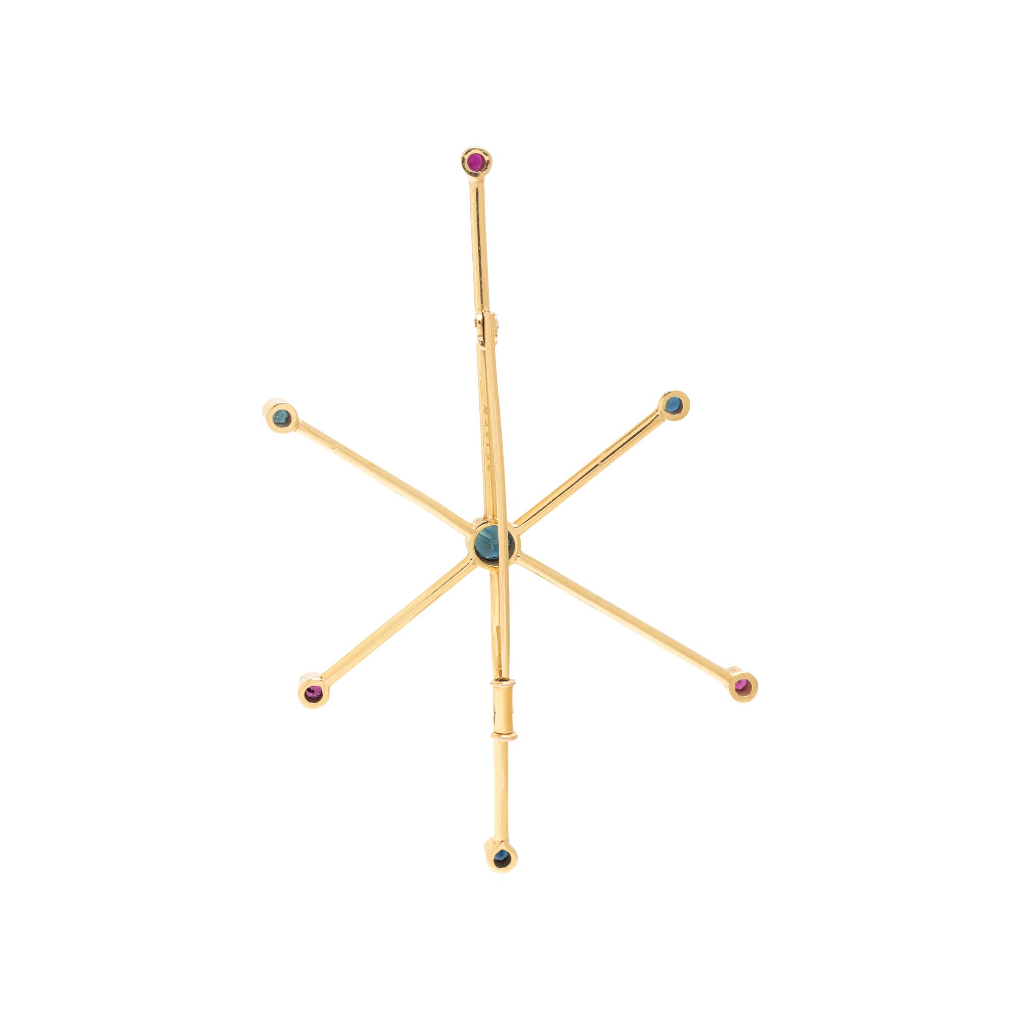 JEAN COCTEAU, YELLOW GOLD, SAPPHIRE, AND RUBY BROOCH