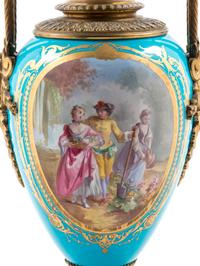 A Sèvres Style Gilt Bronze Mounted Painted and Parcel Gilt Celeste-Blue Ground Porcelain Seven-Light Candelabrum