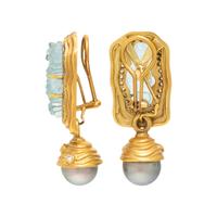 Aquamarine, Diamond, Cultured Pearl, and Yellow Gold Earrings