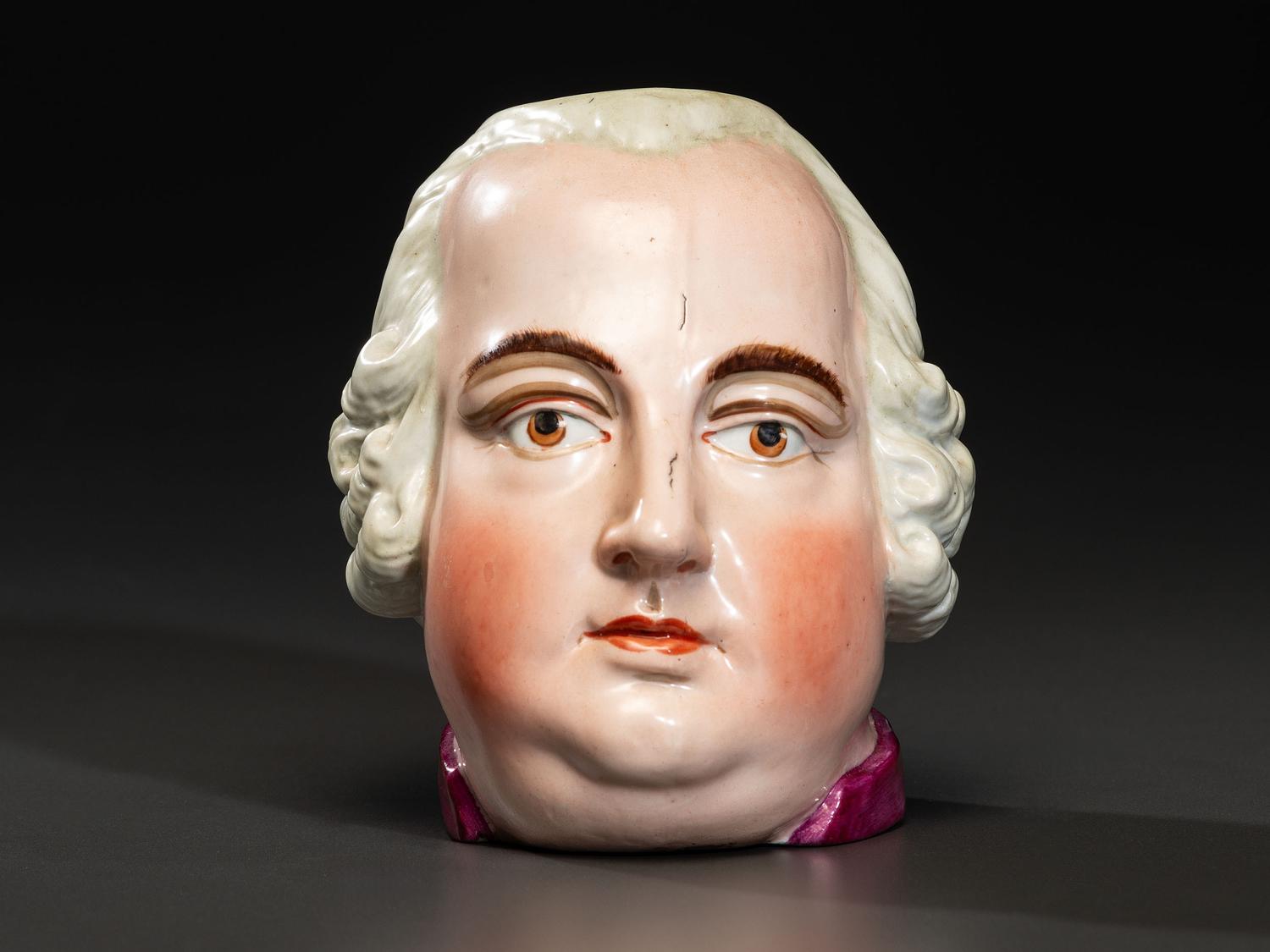 A Staffordshire Enameled Pearlware 'King George III' Figural Shaving Mug